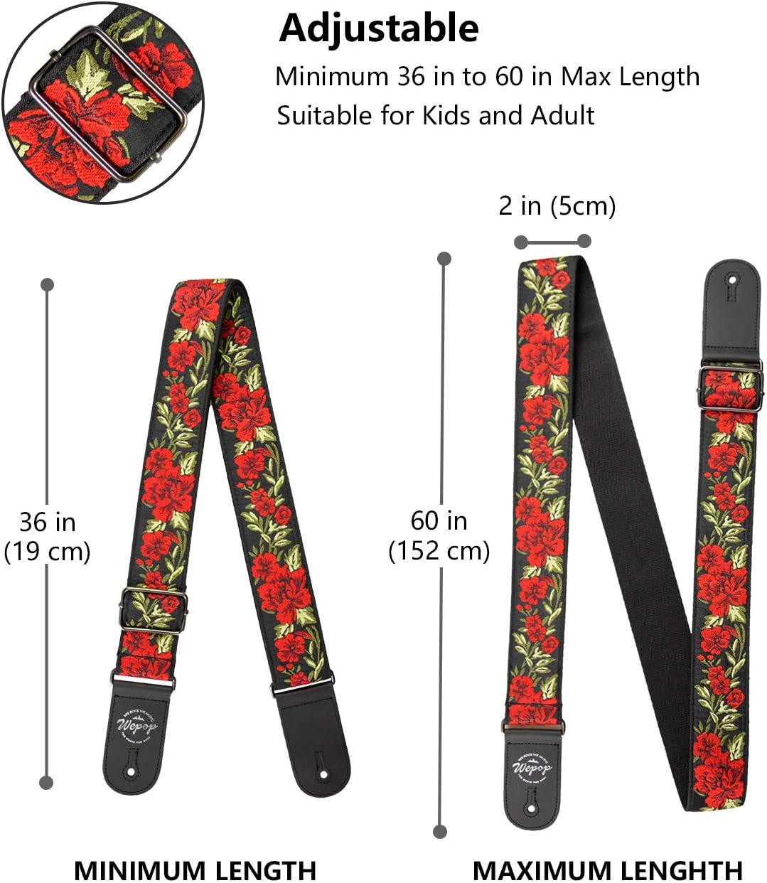 Guitar Strap Flower Rose Vintage Woven Style Leather Ends for Bass Electric Acoustic Guitar Accessories Picks(Red) : Everything Else