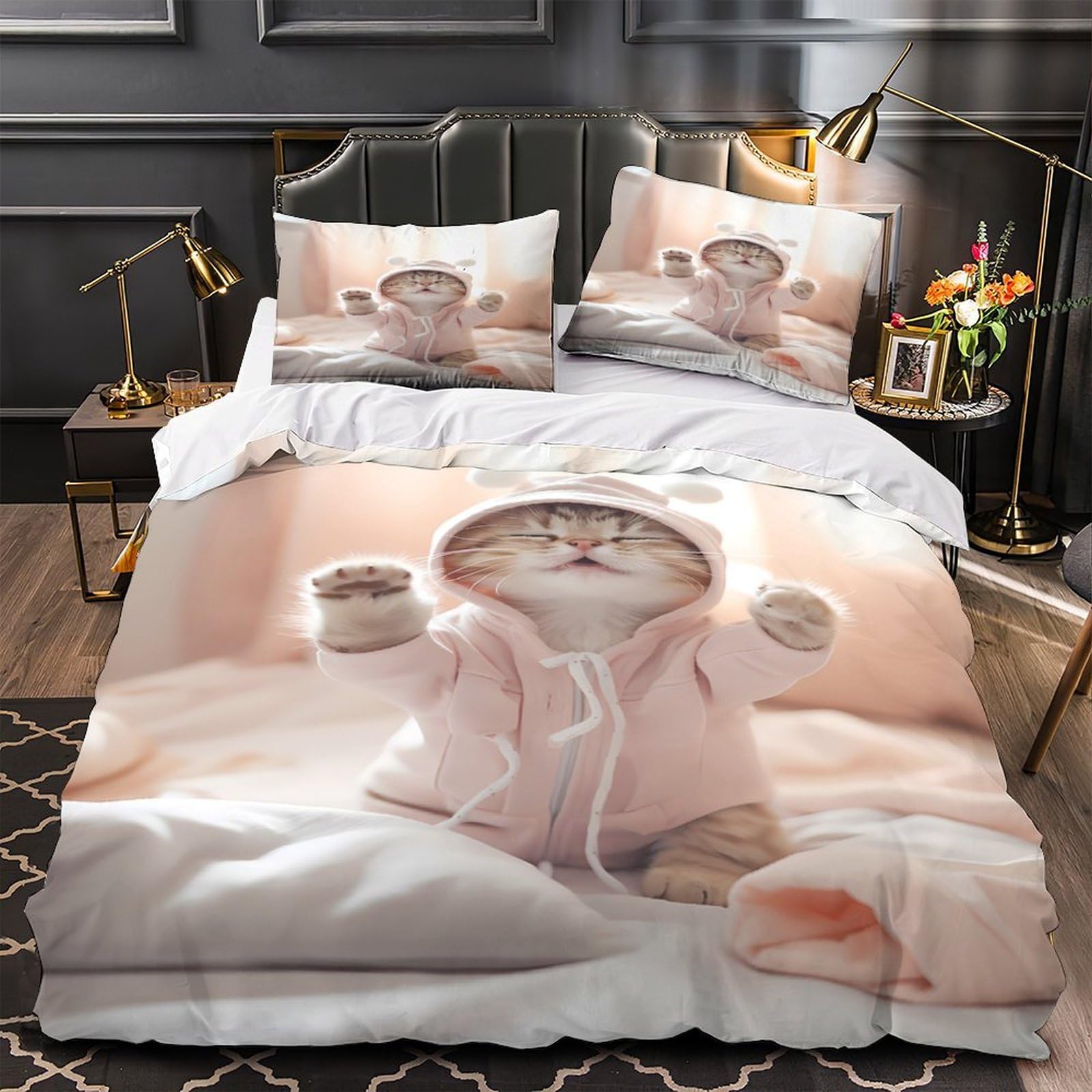 Housse de couette 3D chaton tissu microfibre respirant et super doux 140x200