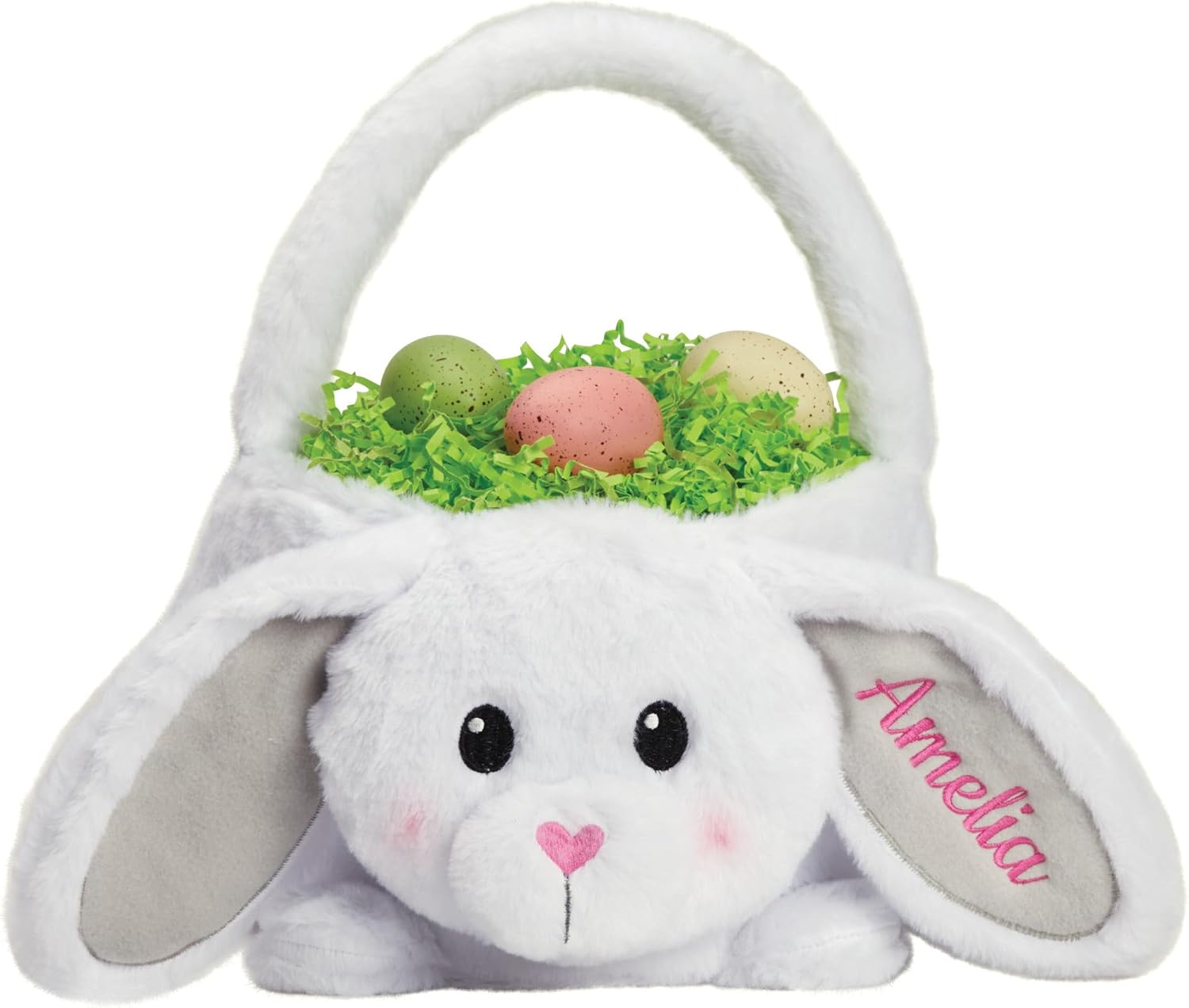 Personalized Plush Easter Bunny Basket with Custom Name Embroidered in Teal Thread | Soft White Fur Easter Bag with Bunny Ears and Handle | Customized Easter Basket (Teal Thread)