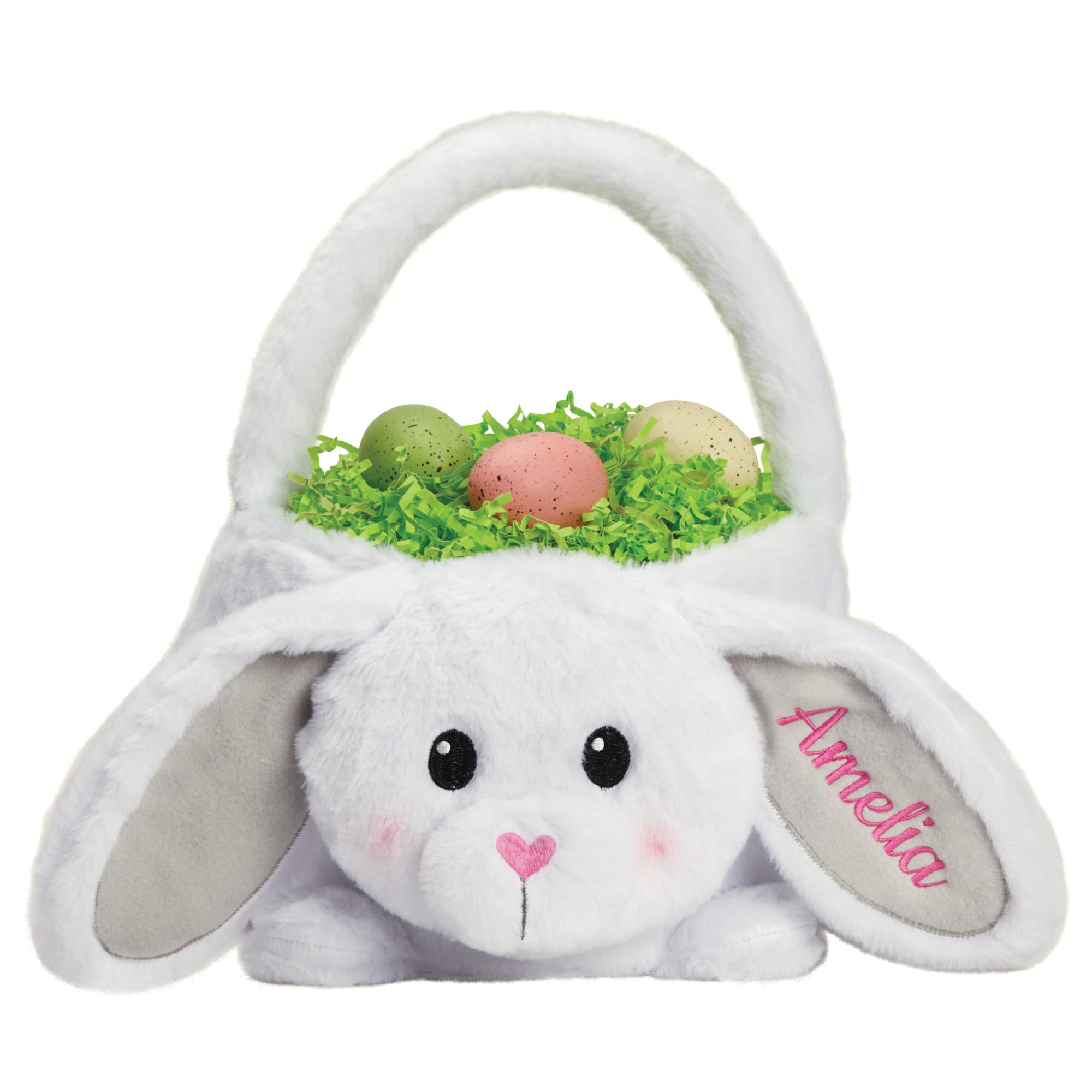 Personalized Plush Easter Bunny Basket with Custom Name Embroidered in Teal Thread | Soft White Fur Easter Bag with Bunny Ears and Handle | Customized Easter Basket (Pink Thread)