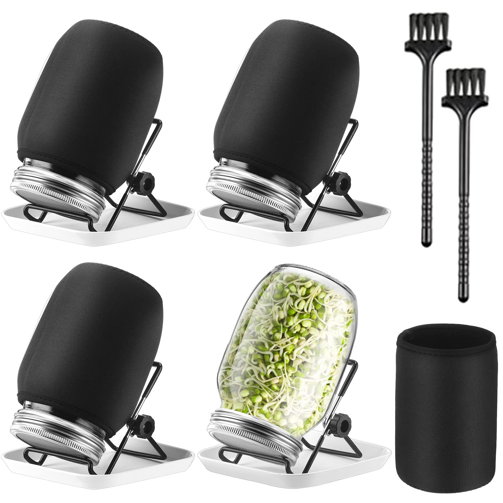 SEEWEY 4 Set Sprouting Jar Kit, 32 oz 4 Complete Wide Mouth Glass Mason Jars with Stainless Steel Screen Sprout Lids, Tray, Stand, Blackout Sleeves, Canning Brush for Seed Germination Bean Growing