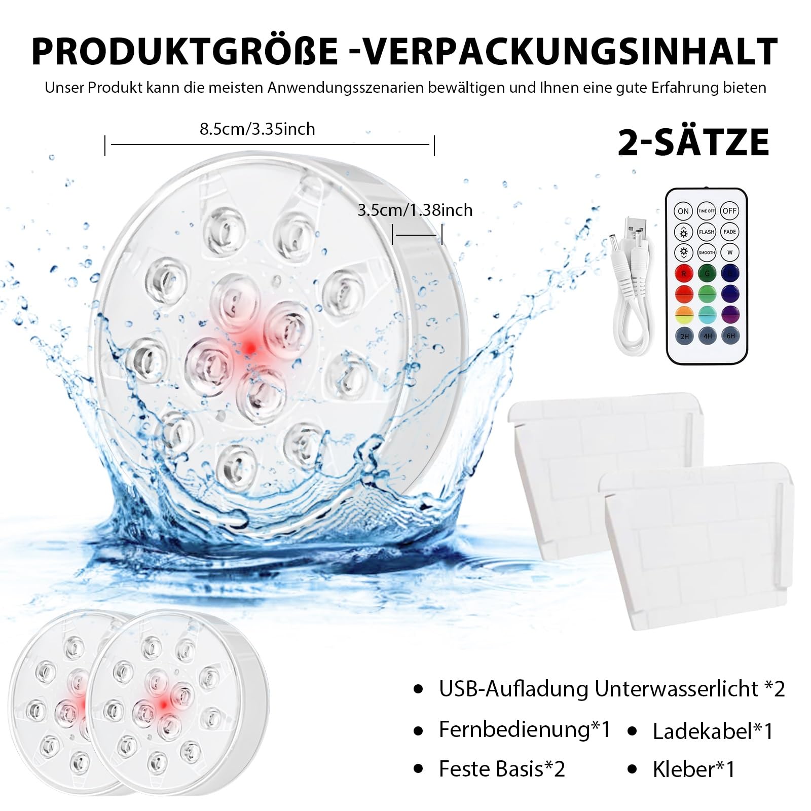 HOSPAOP Poolbeleuchtung Unterwasser LED Licht Wiederaufladbare, Wasserdichte mit RF Fernbedienung, USB, Timer, RGB 13 LEDs für Pool Whirlpool Aquarium Teich Vase Party Beleuchtung (2er)