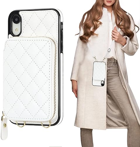 Bocasal Funda tipo cartera cruzada para iPhone Xr, bloqueo RFID, de piel sintética, con cremallera, funda tipo cartera con función atril y ranuras