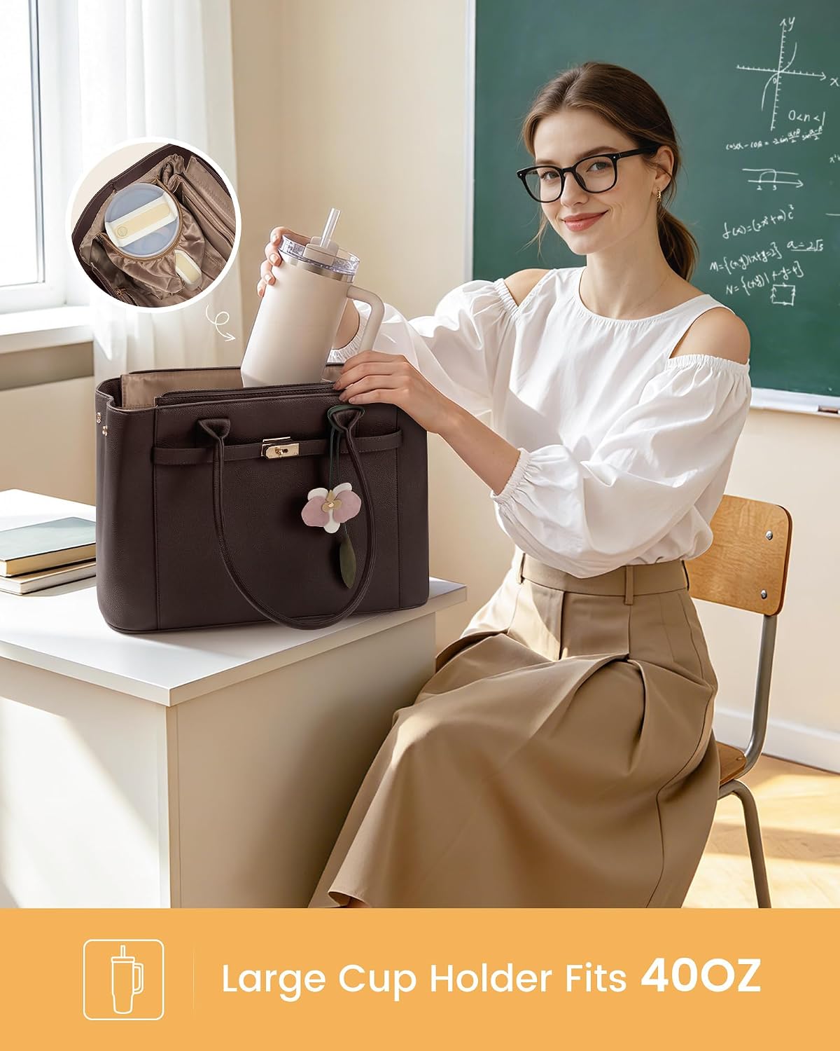  Laptop Bag for Women Work Tote with 40OZ Large Cup Holder | PU Leather Briefcase Handbag with Padded Computer Compartment for Teacher Nurse Business, Shape-Variable thumbnail