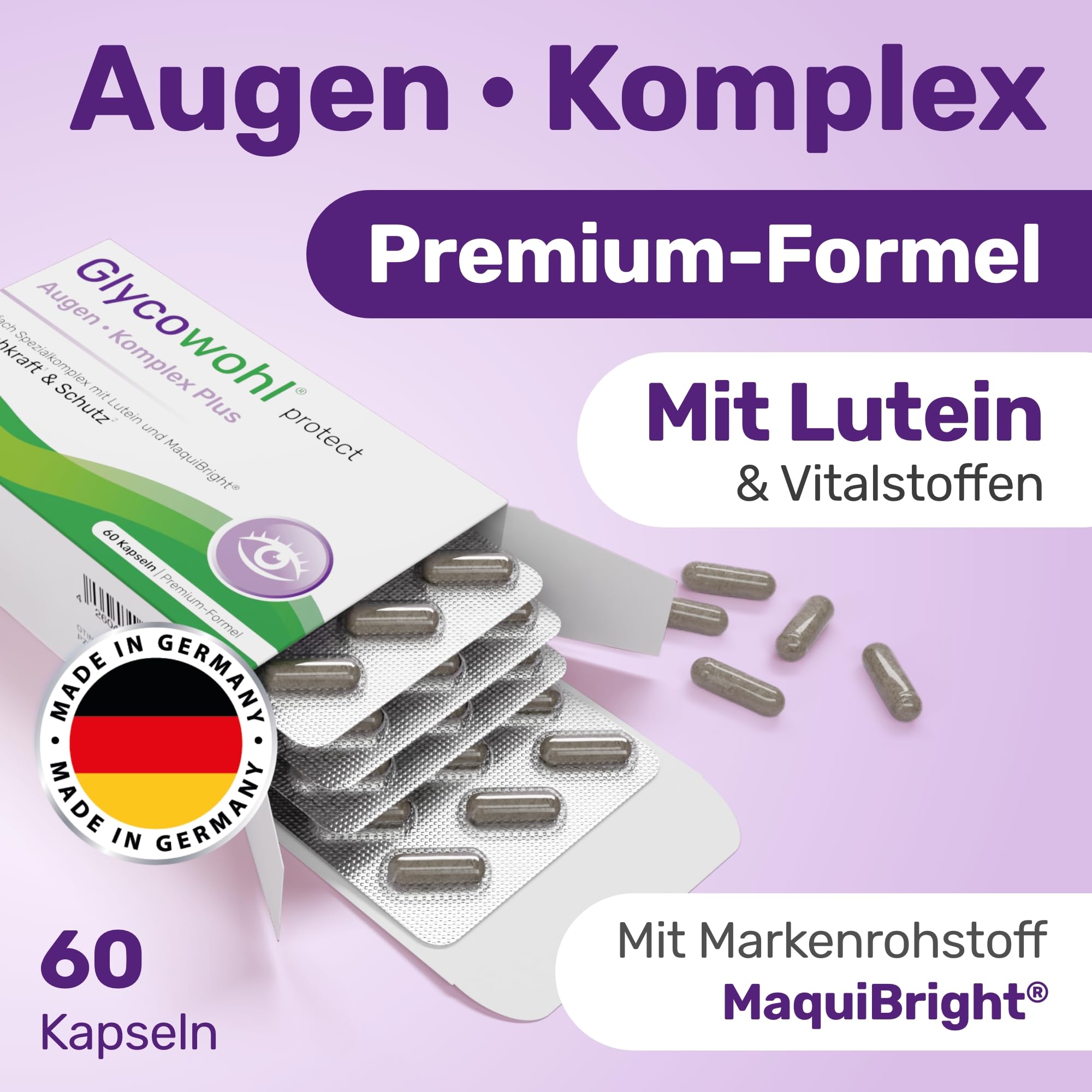 Glycowohl Augen Komplex Plus – Augenvitamine – Mit Lutein & Zeaxanthin | Premium Markenrohstoff MaquiBright® · Zink & Vitamin A für normale Sehkraft · Vitamin C & E für Zellschutz