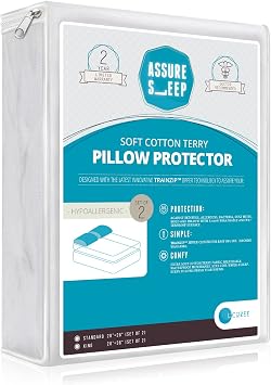 L COZEE Set of 2 Waterproof Pillow Covers - Standard- Queen Size Zippered Pillow Encasement with Trainzip Technology and Triple Seal Protection - Cotton Terry Fabric