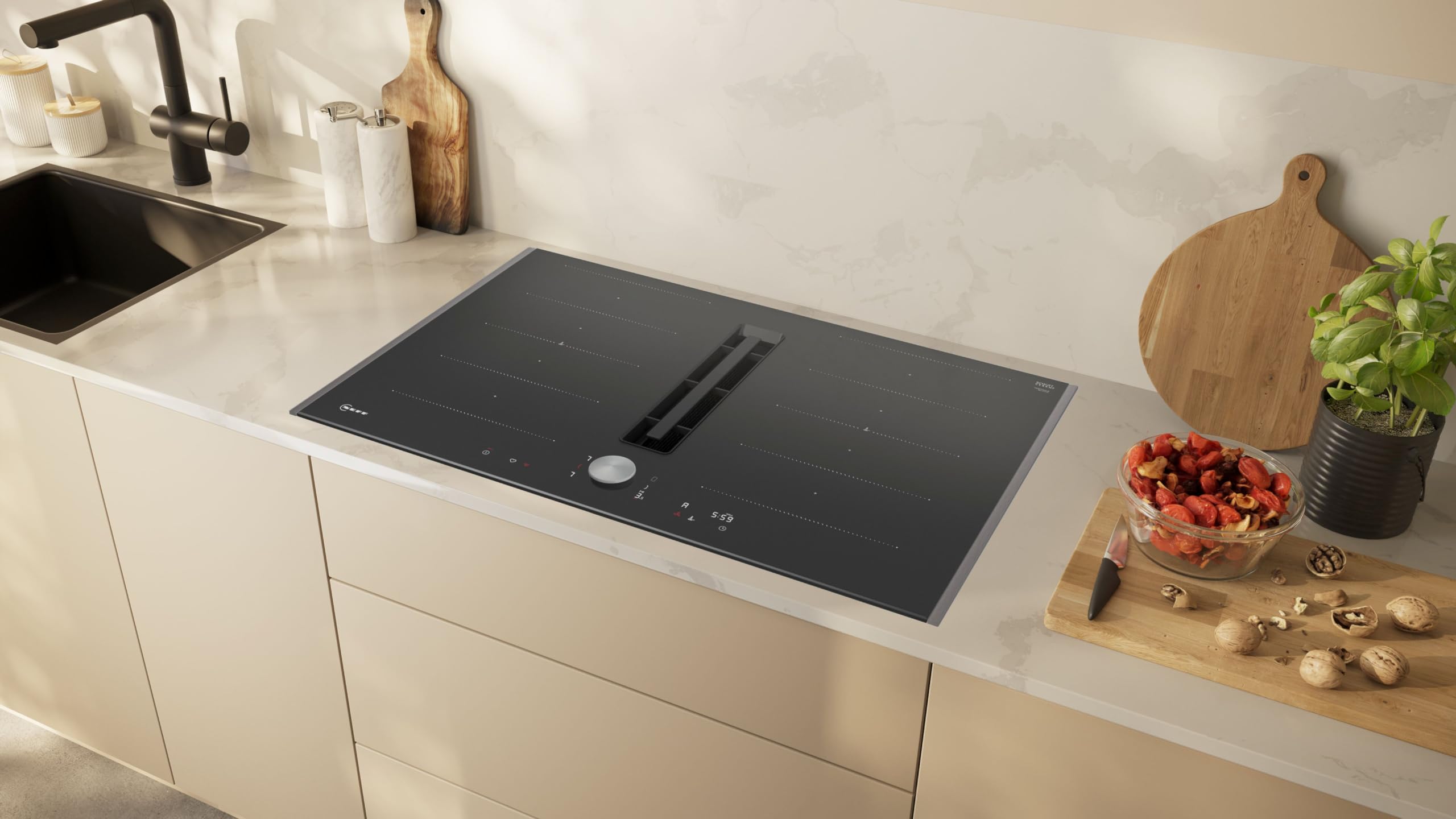 NEFF V68TTX4L0 N 90 Placa de inducción con extractor integrado de 80 cm, extremadamente silencioso, zonas flexibles intuitivas, sensor de aire automático, Twist Pad, filtro apto para lavavajillas