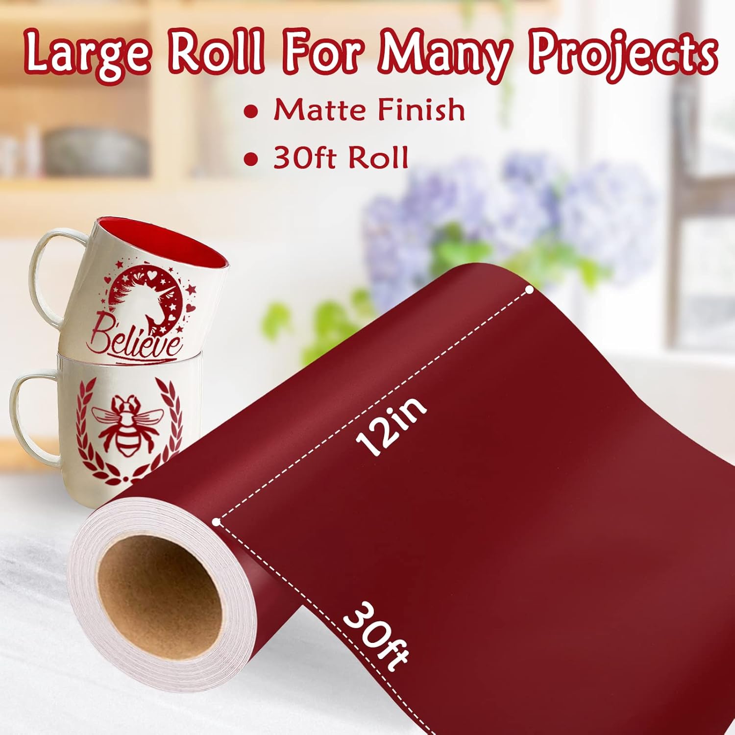 WRAPXPERT Maroon Permanent Vinyl,12" x30ft Matte Wine Red Vinyl for Cricut,Satin Burgundy Adhesive Vinyl Roll for Cricut,Silhouette