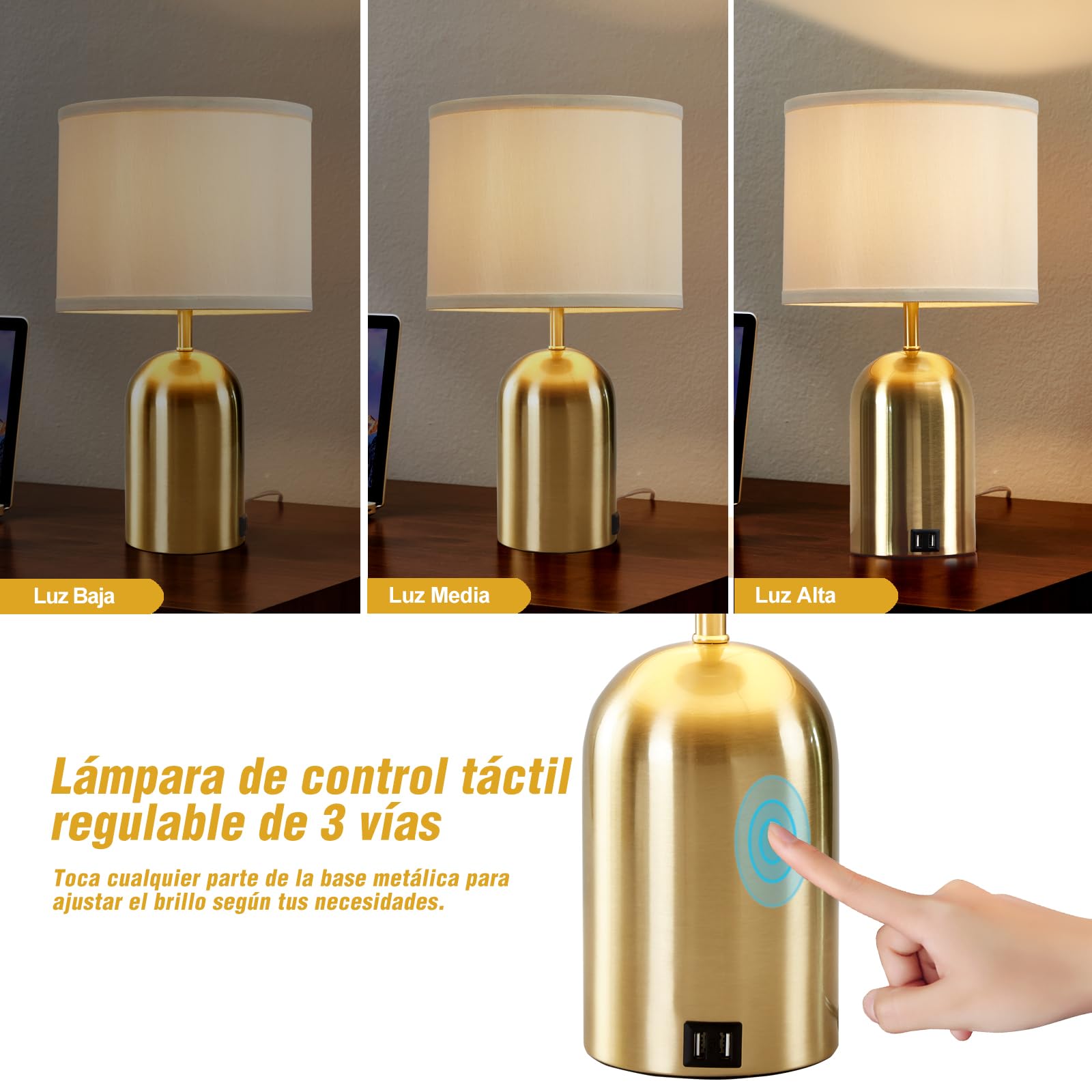 GyroVu Lámpara de Mesa Puerto USB, Lámpara de Control Táctil para Dormitorio, Lámpara de Noche con 3 Niveles de Intensidad Regulable, Pantalla de Tela, Base Dorada para Sala de Estar, Dormitorio,