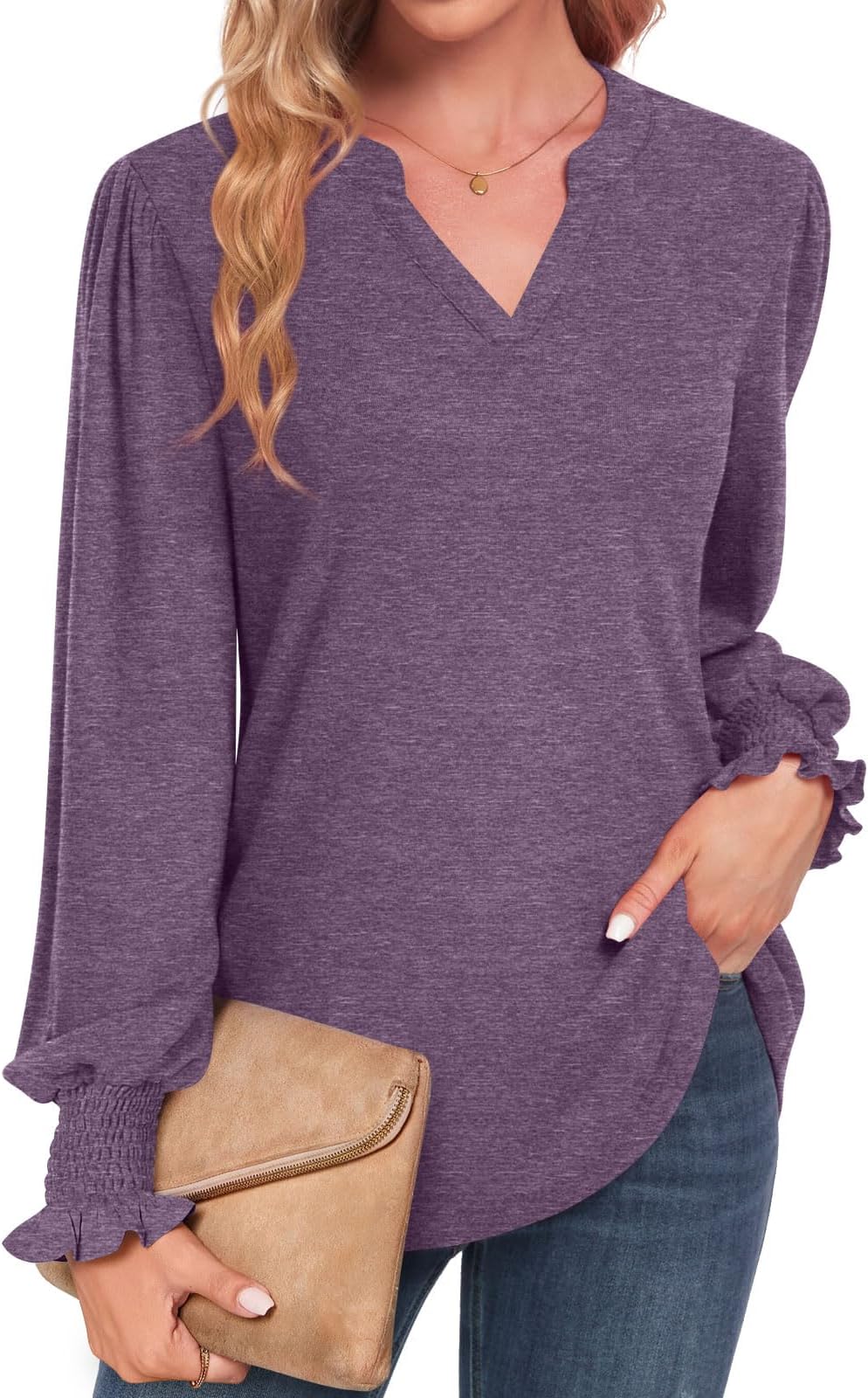 FindsweetWomen's Casual Puff Long Sleeve Tops Dressy Elegant V Neck T-Shirts Smocked Cuffs Blouse
