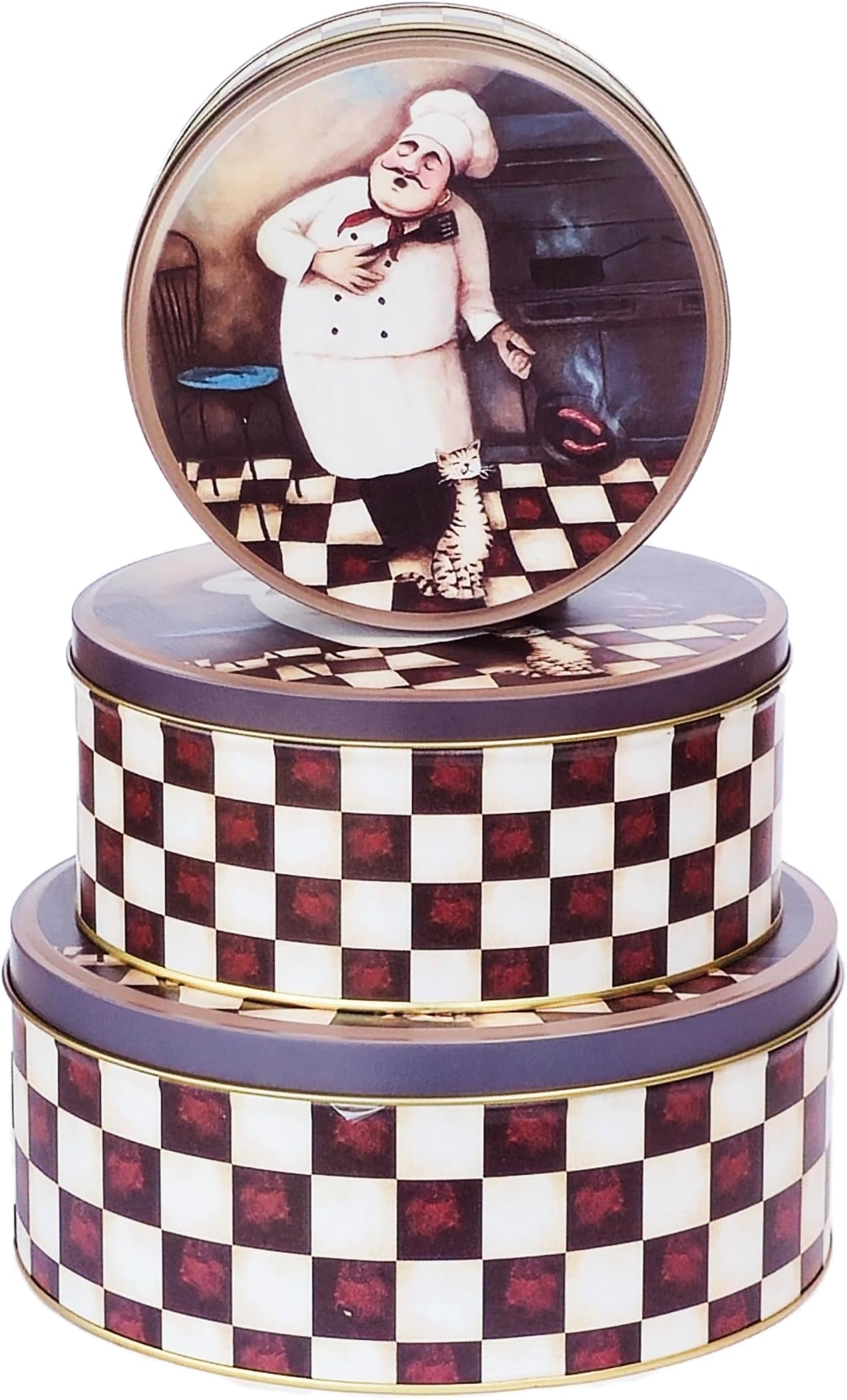 Set of 3 French Chef Round Metal Tins with Lids – Stackable Storage for Cookies, Snacks, Crafts & Gifts – Perfect Valentine Day Gift, Cookie Tin & Rustic Kitchen Deco