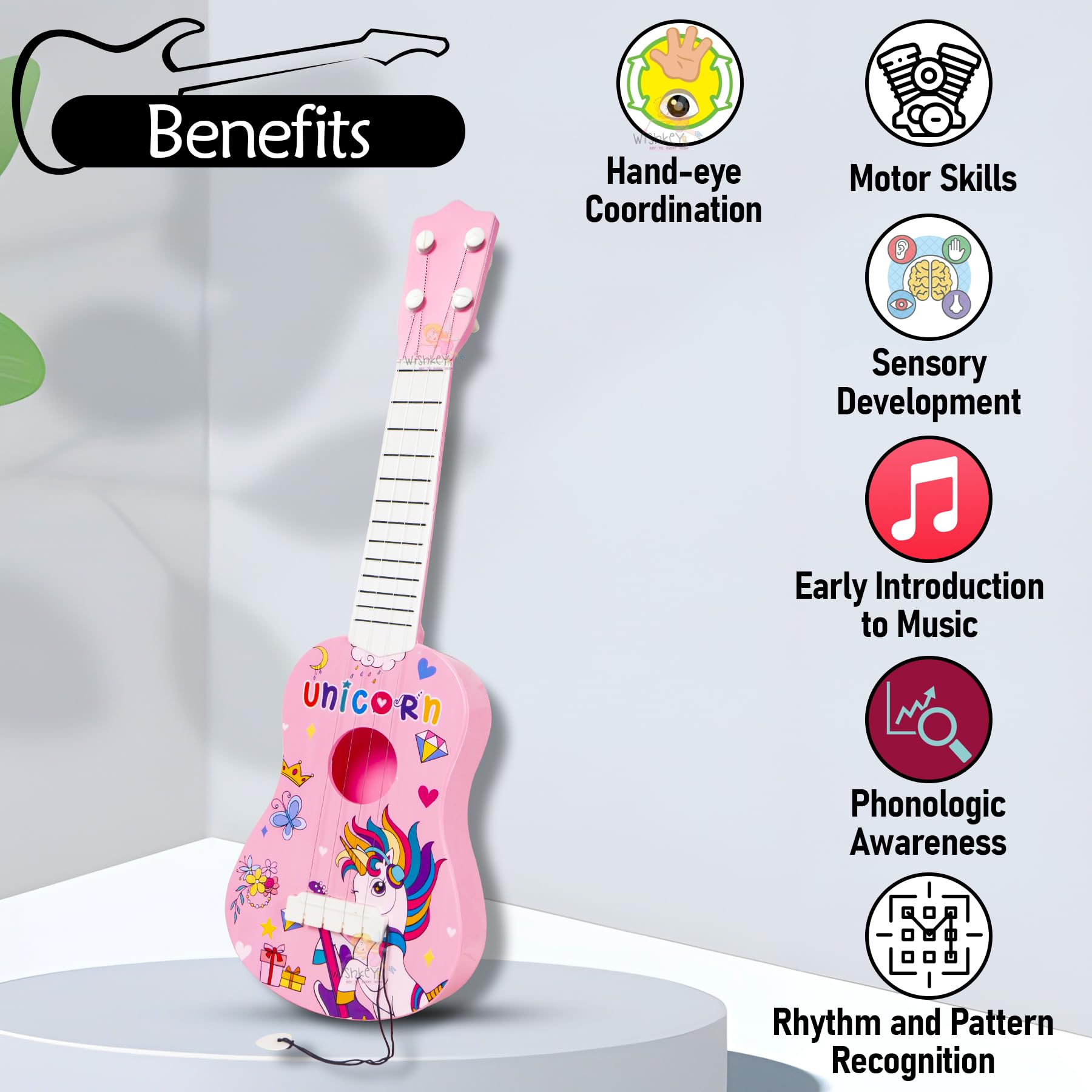 WISHKEY Unicorn Theme Guitar 4 Strings Acoustic Music Toys for Kids, Educational Toy Guitar for Beginners, Musical Instrument, Learning Musical Toy, Sound Toys, Pink, 6+Years, 17" (Pack of 1) - Image 3 thumbnail
