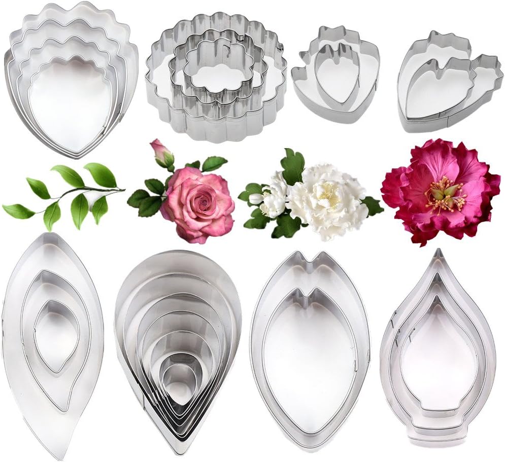 26Pcs Stainless Steel Gum Paste Flower and Leaf Cutter Set Fondant Flower Cookie Cutter Sugarcraft Making Tool for Wedding,Birthday Cake Decorating