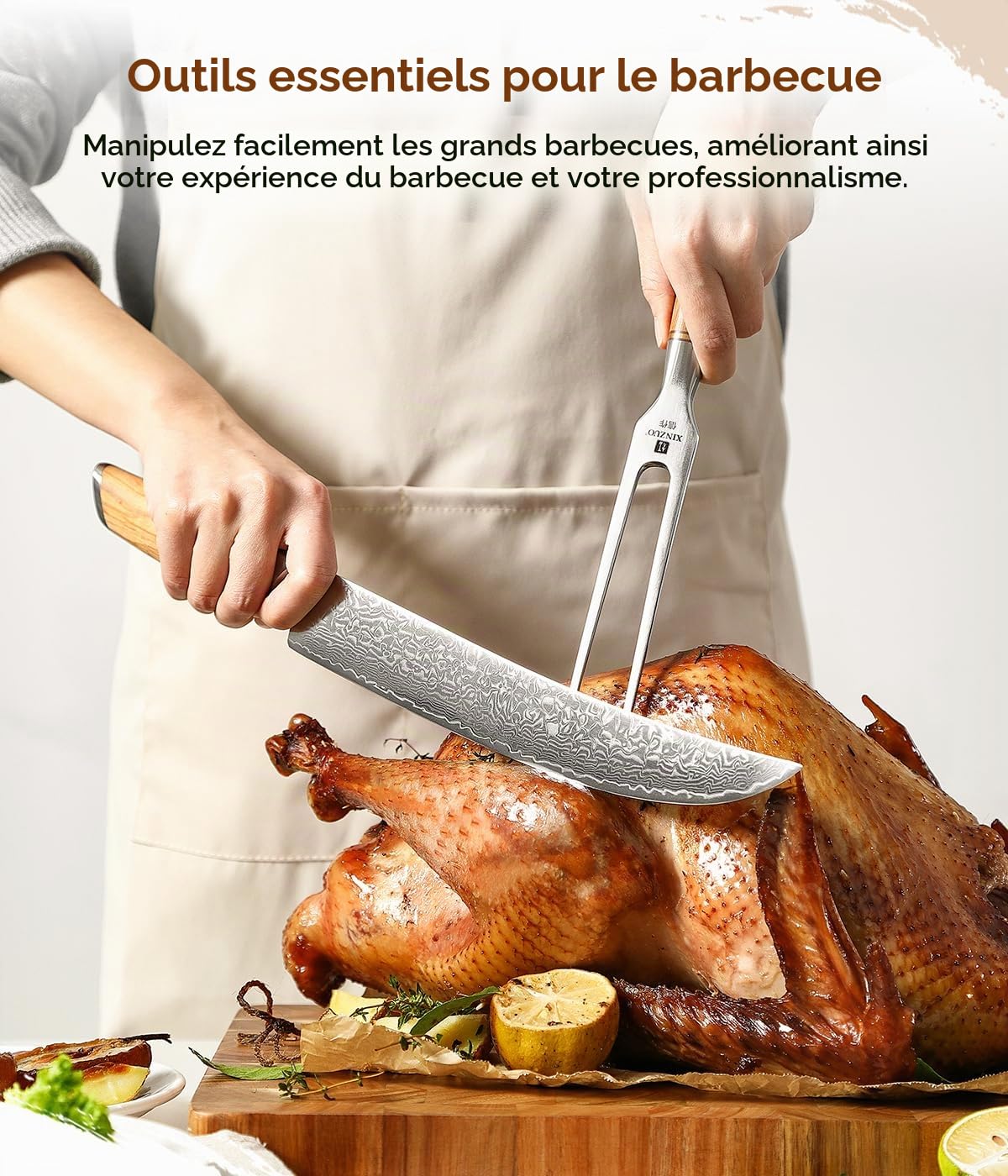 XINZUO 29.7cm Fourchette à Viande 430 Acier Inoxydable Fourchette à Découper, Chef Multifonctionnel Professionnel Barbecue Fourchette -Poignée en Bois d'Olivier -avec Boîte cadeau Exquise