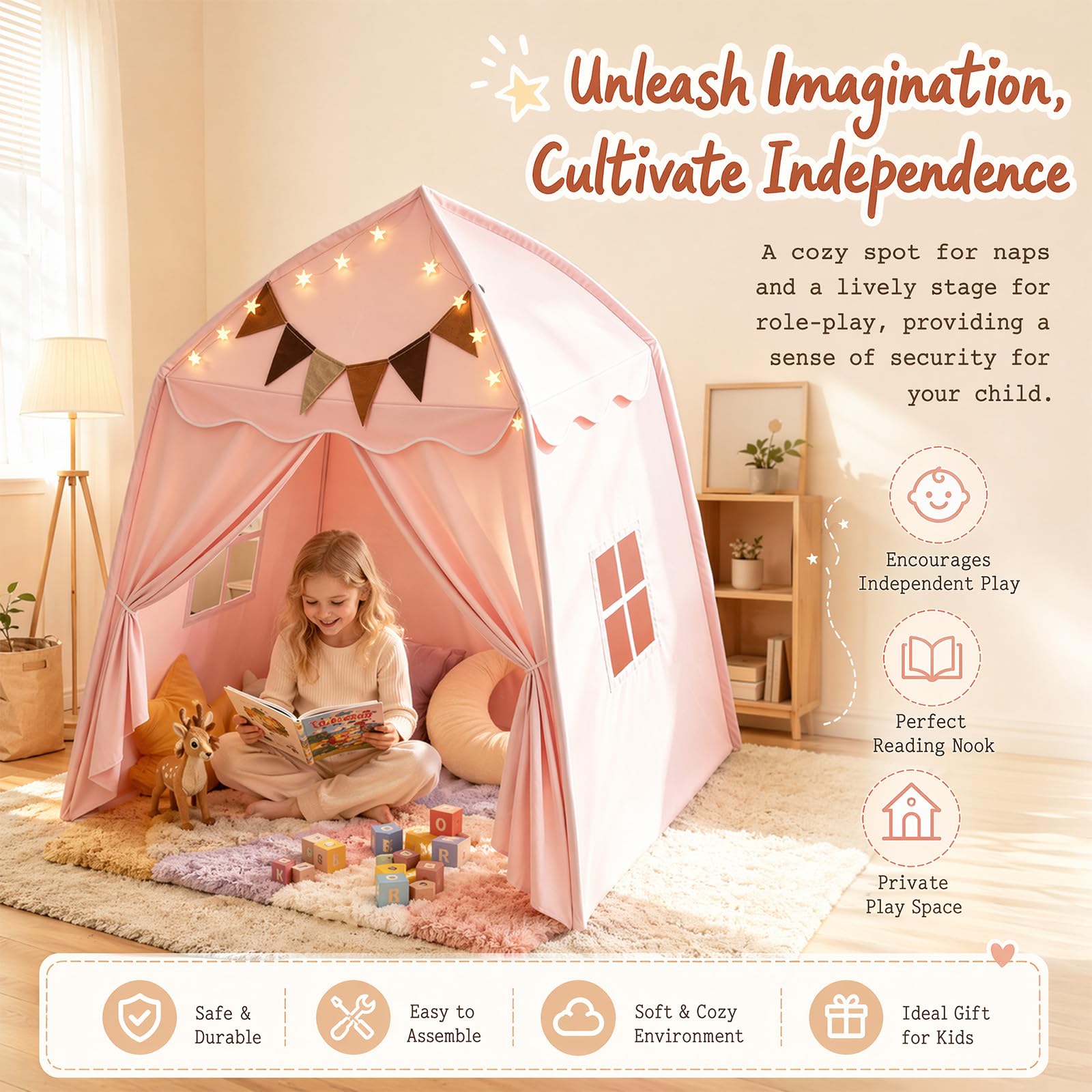 Kinderzelt für Drinnen, Spielzelt Kinder Indoor Faltbares, Zelt Kinderzimmer mit Flaggen & Lichterketten, Leseecke Kinderzimmer, Kinderzelt Indoor, Spielhaus Kinder Indoor, 150x100x150 cm (Rosa)