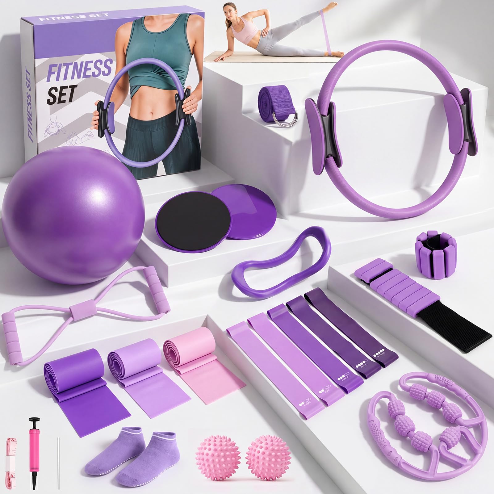 Kit per Pilates 24 in 1, kit per allenamento a casa, per donne, attrezzatura per pilates con anello e palla da 33 cm, per principianti e allenamenti a casa