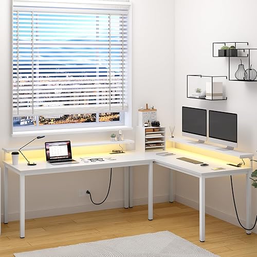 Miniatura 5 de DlandHome Escritorio para computadora de 60 pulgadas con luces LED y tomas de corriente, escritorio de escritura con soporte para monitor,