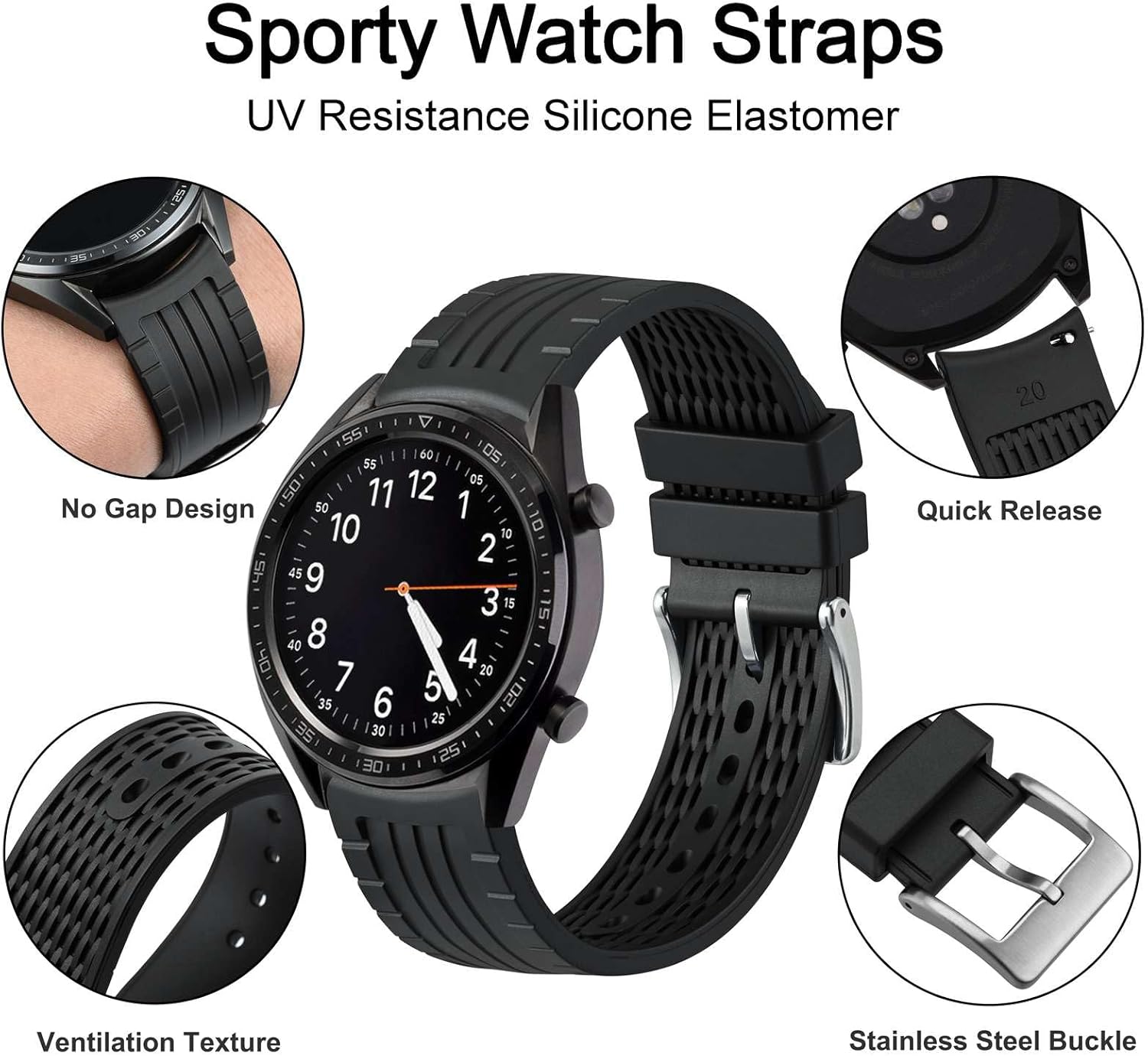 WOCCI 20mm Watch Band, Curved End, Silky Touch Silicone, Silver Buckle (Black) - Image 5