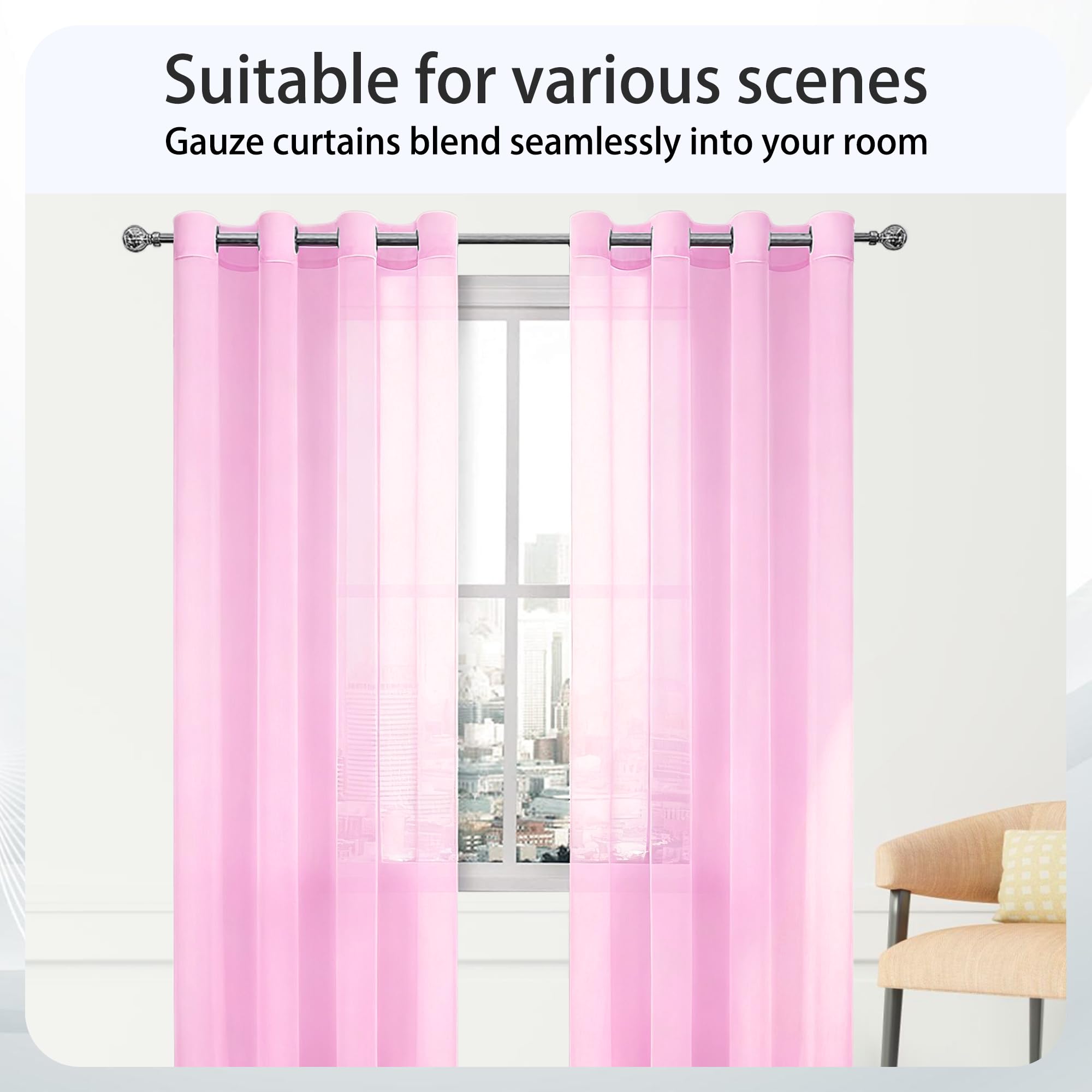 Vorhang Halbtransparent 250 x 270 cm Voile Polyester Transparent Gardinen Ösen Luftig Dekoschal für Wohnzimmer Schlafzimmer Fenster, Rosa
