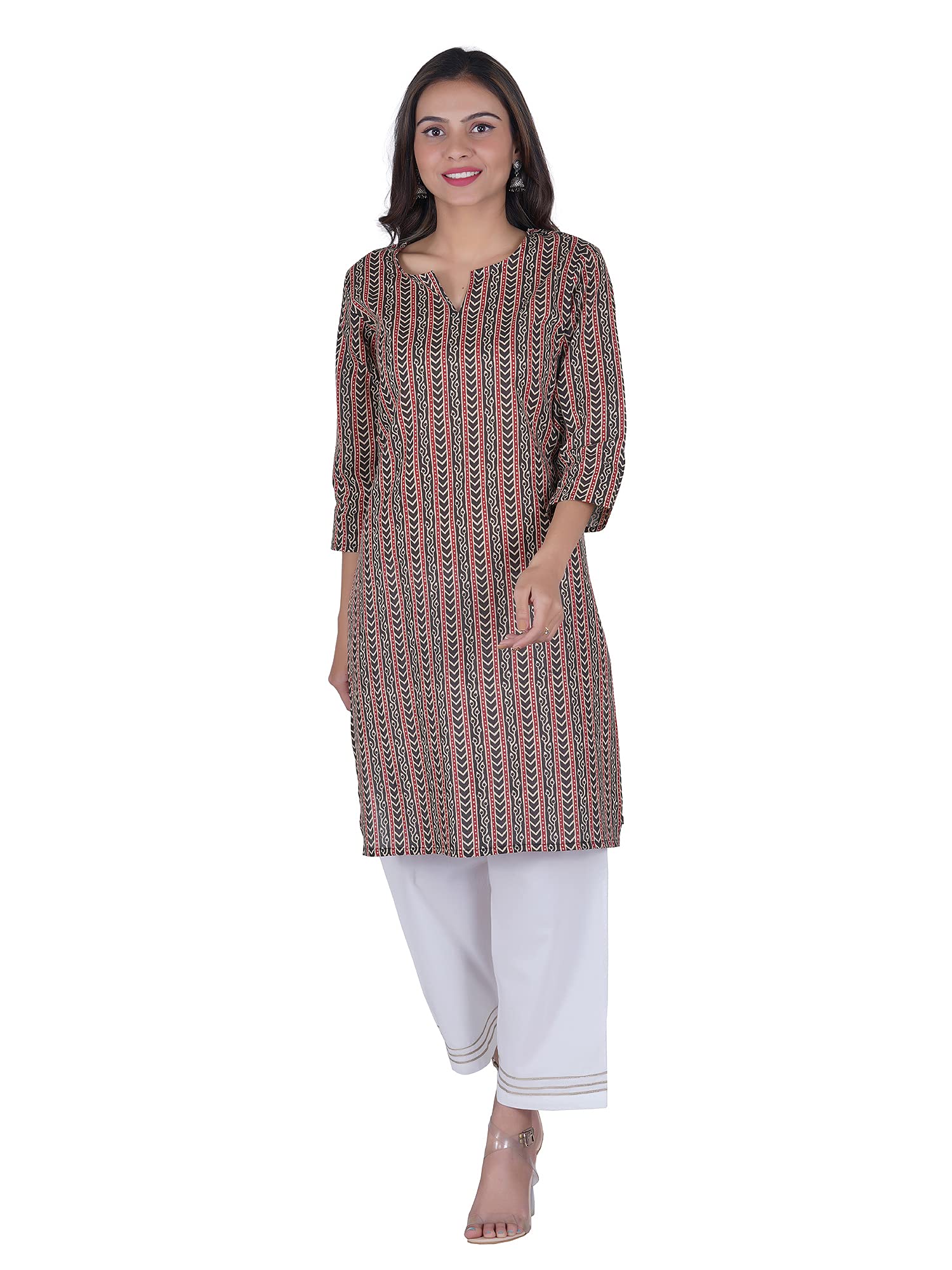 Women Cotton Traditional Printed Black Straight Short Kurta