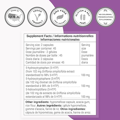 Miniatura 4 de Supersmart 5-HTP 100mg por día (alta pureza) – 98% suplemento 5-HTP – Extracto de Griffonia Simplicifolia – 5-HydroxyTryptoPhan | Sin OMG y sin