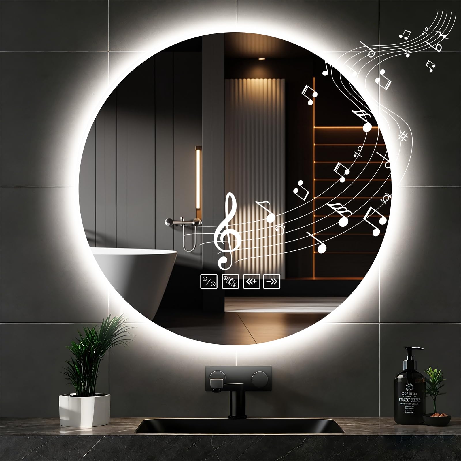 Specchio da bagno con luci LED da parete, antiappannamento, dimmerabile in 3 colori, LED, vetro temperato HD, specchio intelligente Bluetooth, bagno, 60 x 60 cm