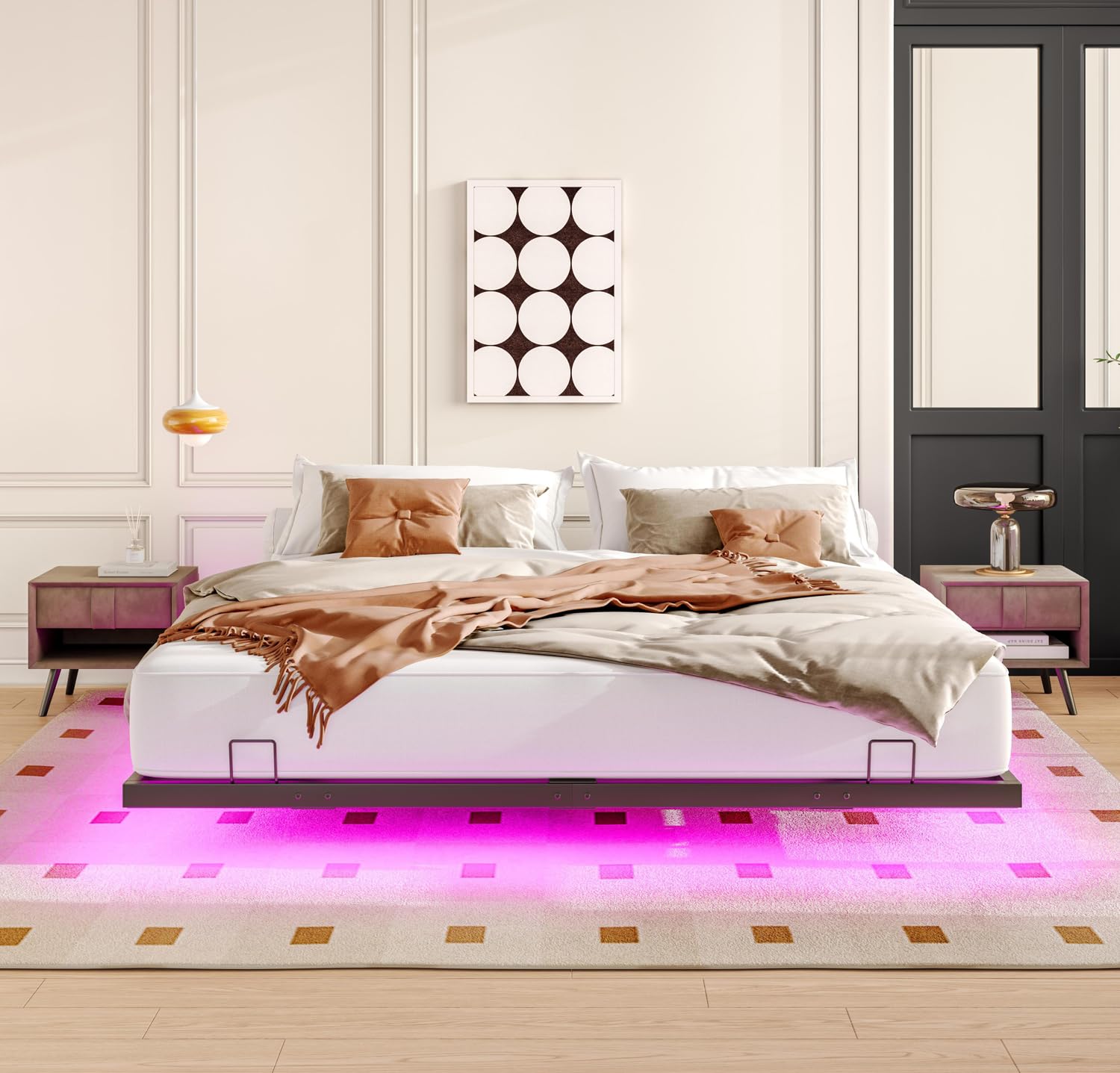 King Size Floating Bed Frame Without Headboard Minimalist Low Profile Japanese Style Metal Platform Bed with LED Lights