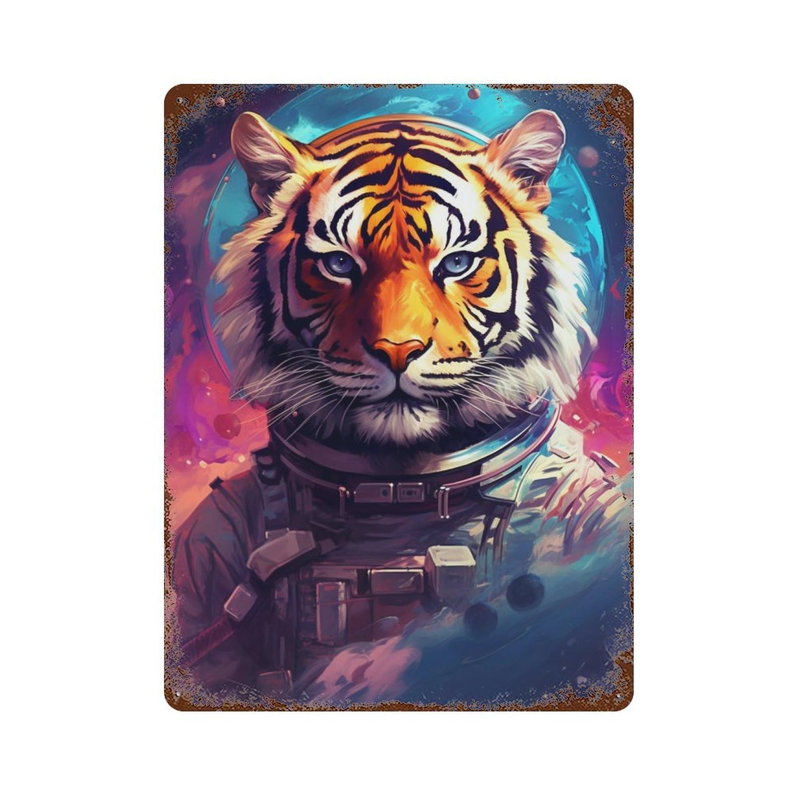 Tiger Astronaut in Space Suit Distressed Metal Wall Sign 15.7"x11.8", Ideal for Pub, Kitchen And Man Cave Decor