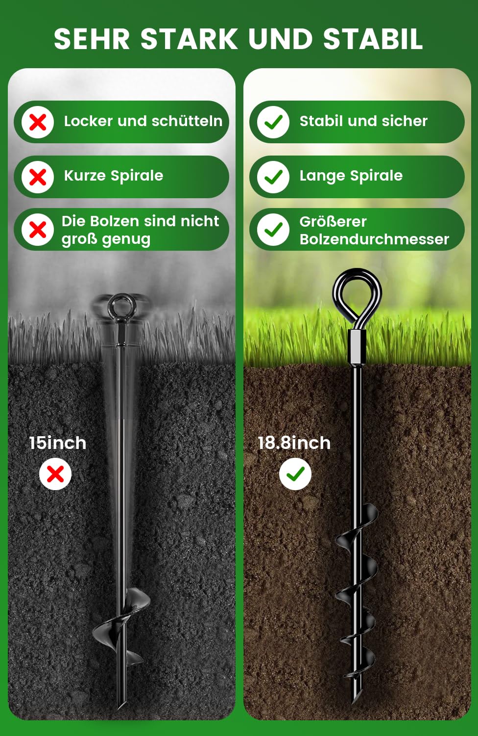 Bodenanker 48 cm, 4er-Pack mit strapazierfähigen Gurten, Bodenanker zum Einschrauben in den Boden für Zelte, Schaukeln, Überdachungen, besonders stabil und einfache Installation