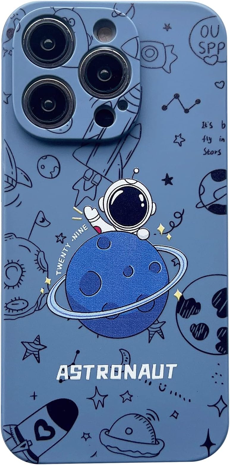 for iPhone 15 Pro Clear Cute Case, Cool Cartoon Astronaut Space Planet Moon Design Stylish TPU Bumper Shockproof Anti-Slip Protector Fashion Case (Blue Planet, iPhone 15 Pro)