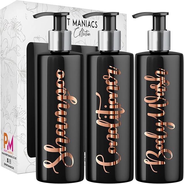 Print Maniacs 3 Set Mrs Hinch Inspired Black Personalised Dispenser Pump Bottles Shampoo Conditioner Body Wash (Copper)