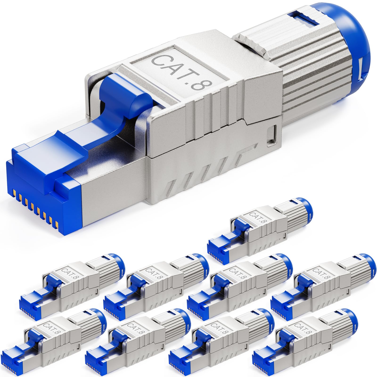 HB-DIGITAL 10 connettori CAT 8 RJ45 per cavi di posa Ethernet rigidi – senza attrezzi STP completamente schermato con contatti placcati in oro da 50 µ, connettore ad alta velocità da 40 Gbps