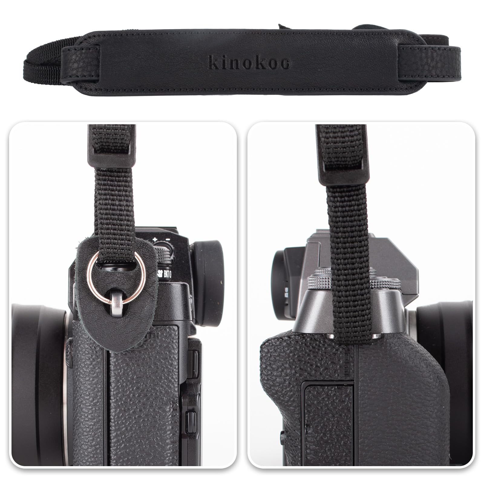 MUZIRI KINOKOO Tracolla universale per fotocamera in vera pelle con cintura in nylon - Tracolla regolabile per reflex e reflex digitali - Lunghezza da 90 cm a 140 cm - Nero