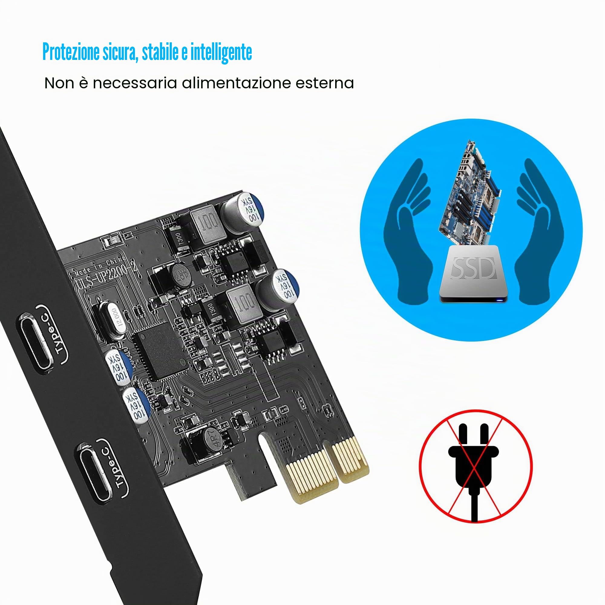 Scheda USB C PCIe a 2 porte (Power Delivery), USB 3.0 Scheda 5 Gpbs Ricarica Rapida 20 W per PC Desktop