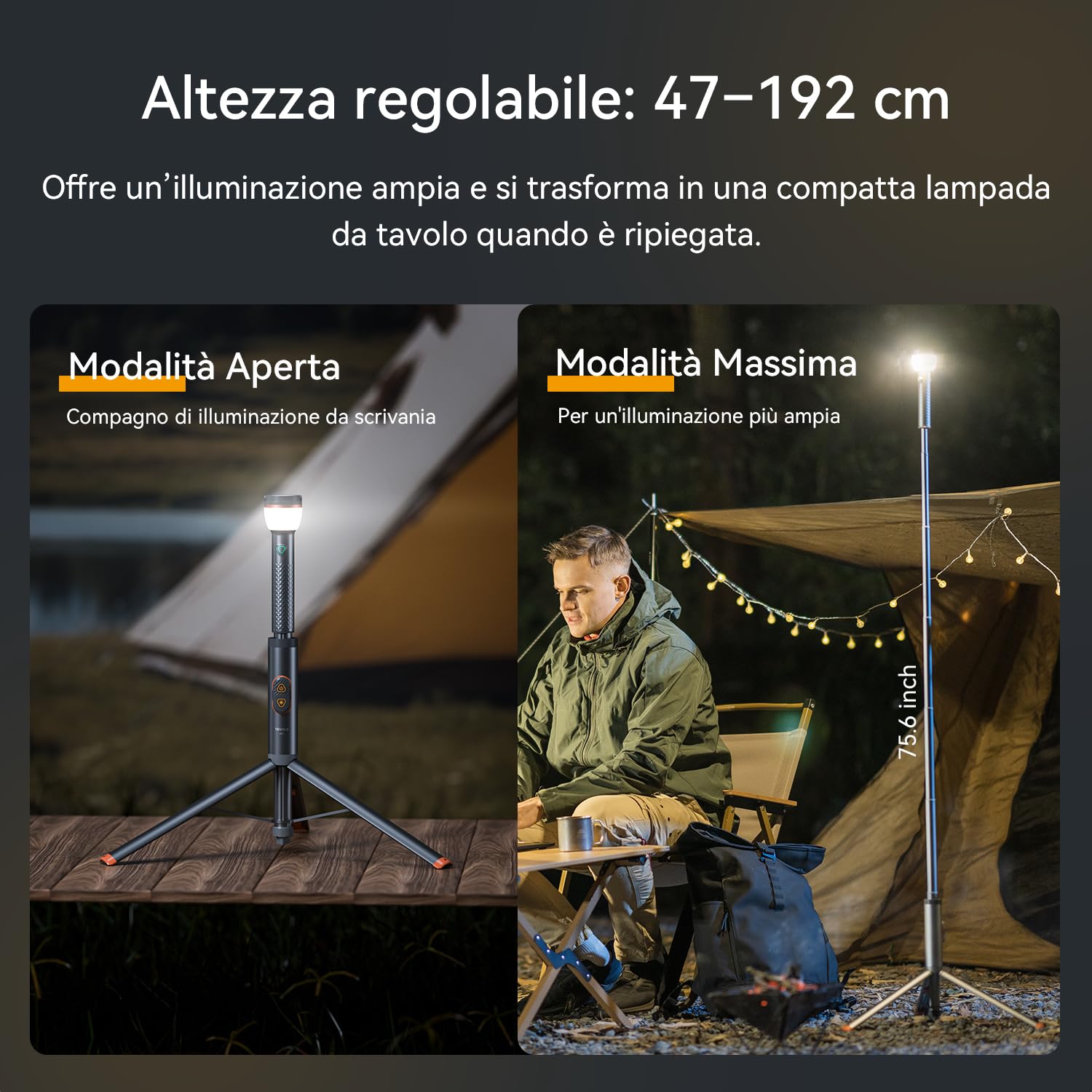 Lampada Campeggio LED Ricaricabile 800 Lumen Altezza Regolabile, Telecomando, Base Magnetica, IP65 Impermeabile, Luce da Esterno Telescopica per Escursioni, Emergenze, Outdoor