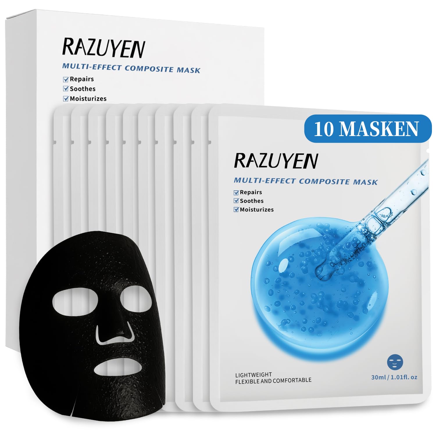 RAZUYEN Reparierende Gesichtsmaske (10 Masken) für trockene und sensible haut, Tuchmasken Gesicht mit Hyaluronsäure, Centella und Panthenol, Revitalisierung und Feuchtigkeitsspendend