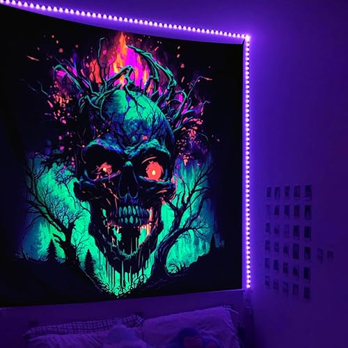Miniatura 2 de SparkLia Tapiz de calavera de fuego con luz negra, tapiz para colgar en la pared, tapiz de neón de terror oscuro aterrador, bosque de esqueleto