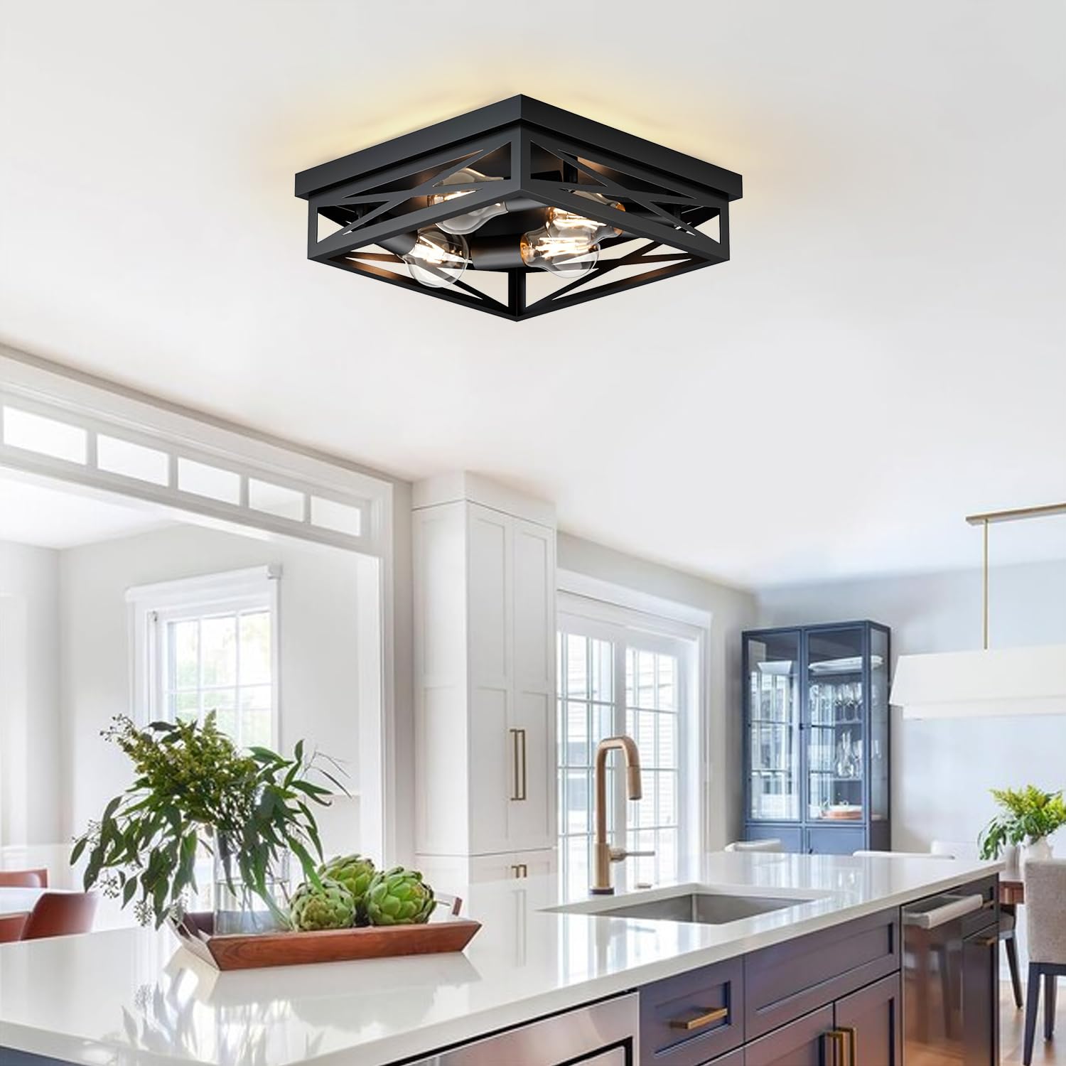LVWIT Faretti LED Soffitto Nero, Plafoniere da Soffitto Rustica con 4 Luci, Lampada Soffitto Camera da Letto E27, Faretti Soffitto Orientabili per Soggiorno, Fattoria, Cucina, 35CM (Senza Lampadina)