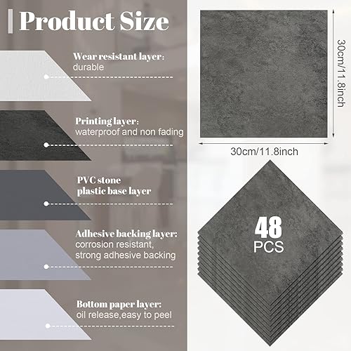 Miniatura 3 de 48 azulejos de vinilo para despegar y pegar, autoadhesivos, impermeables, para baño, 12 x 12 pulgadas, para baño, cocina, dormitorio, sala de estar