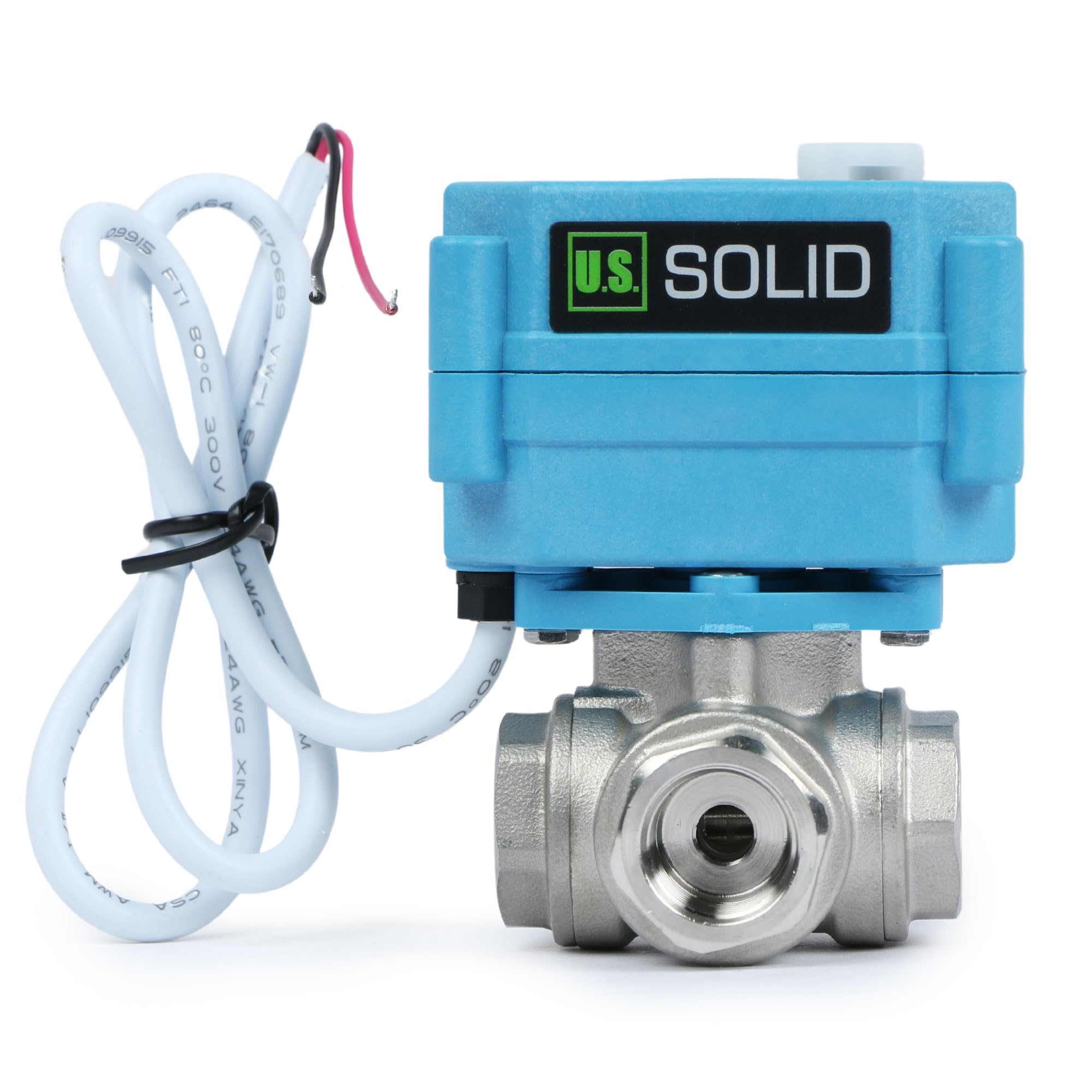 U.S. Solid Valvola 3 vie motorizzata 3/8" in acciaio inox – AC 110–230 V, Tipo L, funzione manuale, porto standard, per acqua