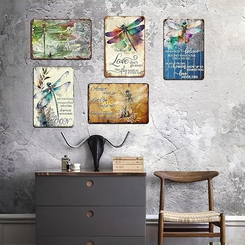 Miniatura 7 de Letrero de estaño de libélula - Dragonflies Appear When Angels Are Near - Divertido decoración de pared de libélula de metal para la puerta del