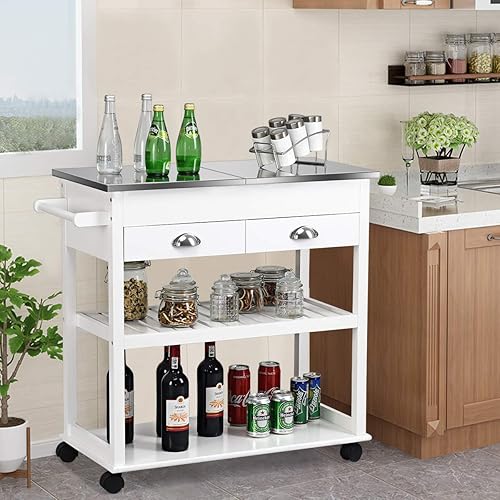 Miniatura 4 de Giantex Carrito de cocina carrito de isla rodante con mesa de corte de acero inoxidable, 2 cajones, 2 estantes, carrito de almacenamiento multiusos,