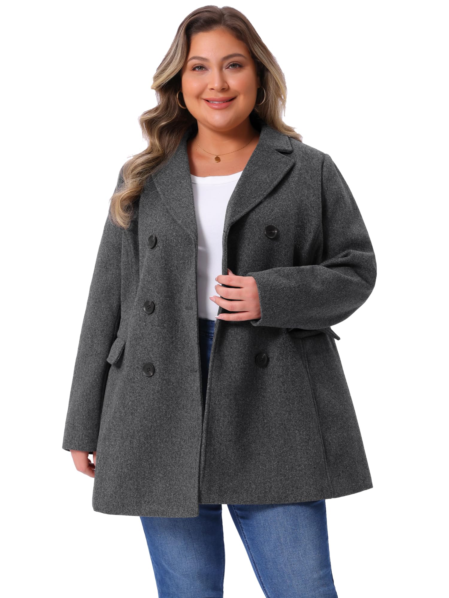 Agnes Orinda Womens Plus Size Notched Lapel Double Breasted Long Coat
