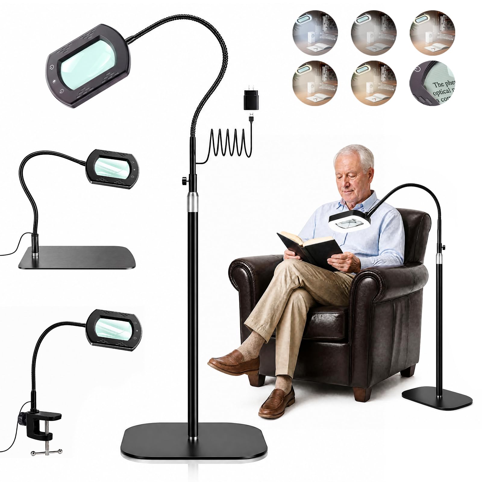 10 lupas con luz y soporte, 3 en 1 lupas de pie con 60 LED, lámpara rectangular de cuello de cisne con abrazadera, 5 modos de color regulable, sin manos, lupa de lectura con luz para personas mayores