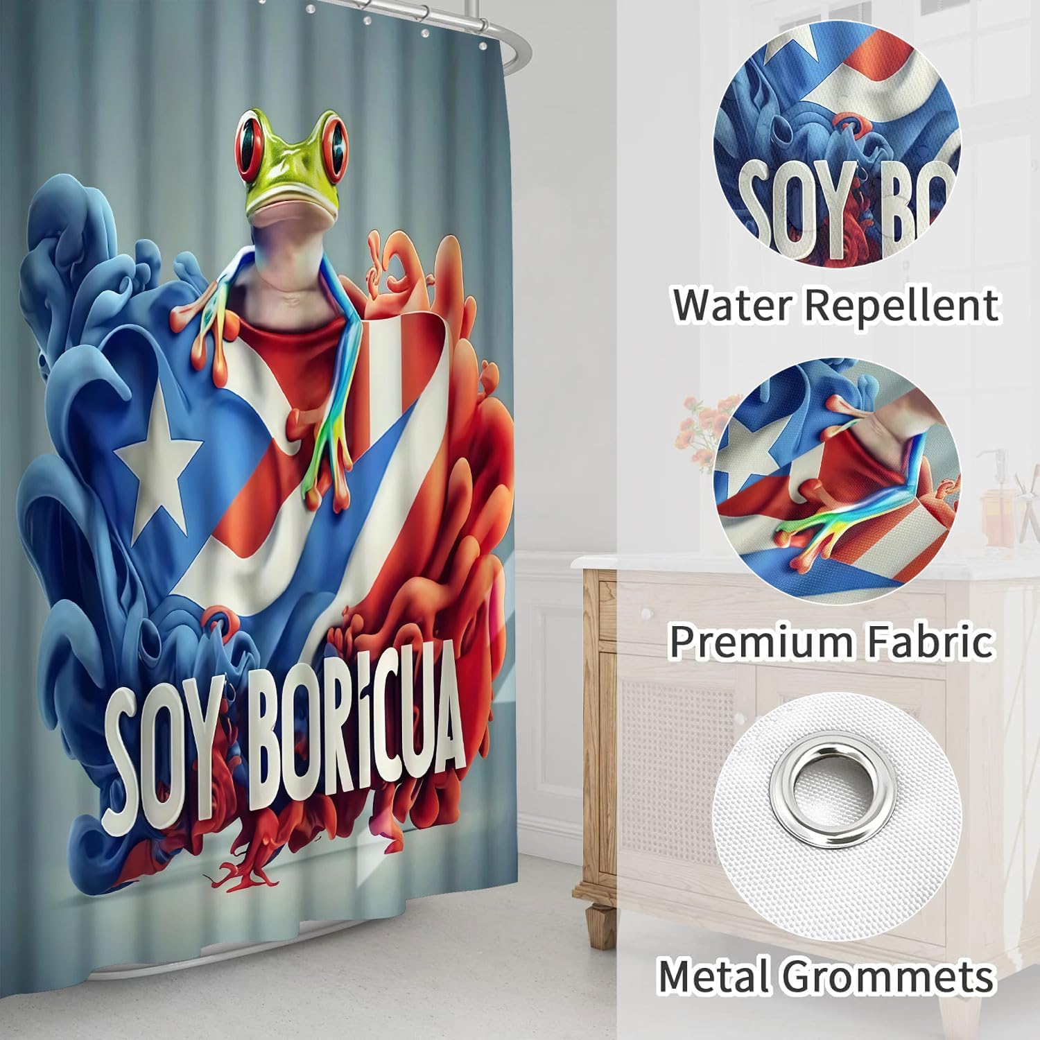 1/3/4PCS Puerto Rico Flag Green Frog Shower Curtain Set with Bath Mat Rug,U-Shape Mat,Toilet Lid Cover and 12 Hooks,Home Bathroom Decor Accessories (3Pcs Bath Mats)