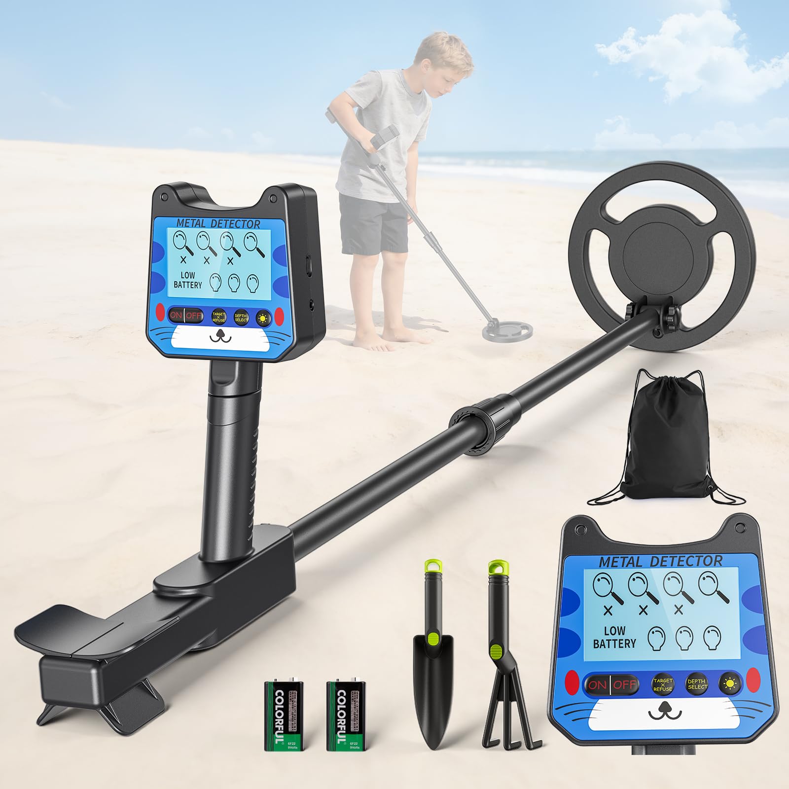 Metal Detector Bambini, Metal Detector per Bambino con Asta Regolabile, 2 Modalità Display LCD, Bobina di Ricerca Impermeabile, Ad Alta Sensibilità Metal Detector per Bambini con Borsa Pala Rastrello