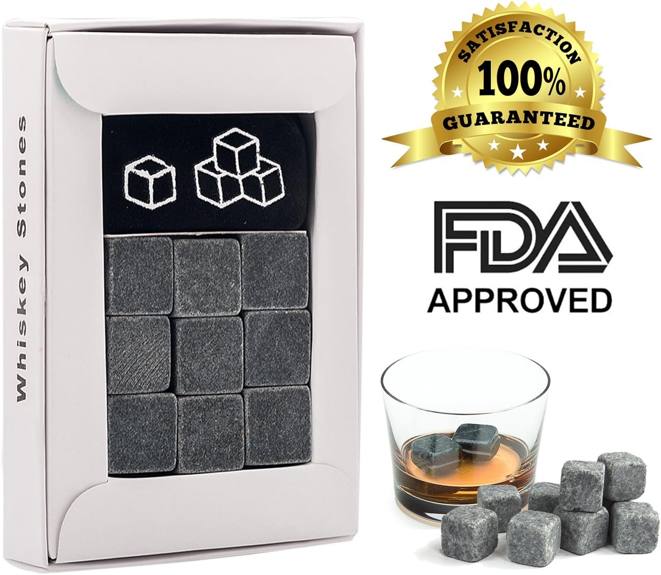 Terrax Whiskey Sipping Stones - Set of 9 Grey Scotch Chilling Rocks in Gift Box with Velvet Pouch - 100% Pure Soapstone Cubes