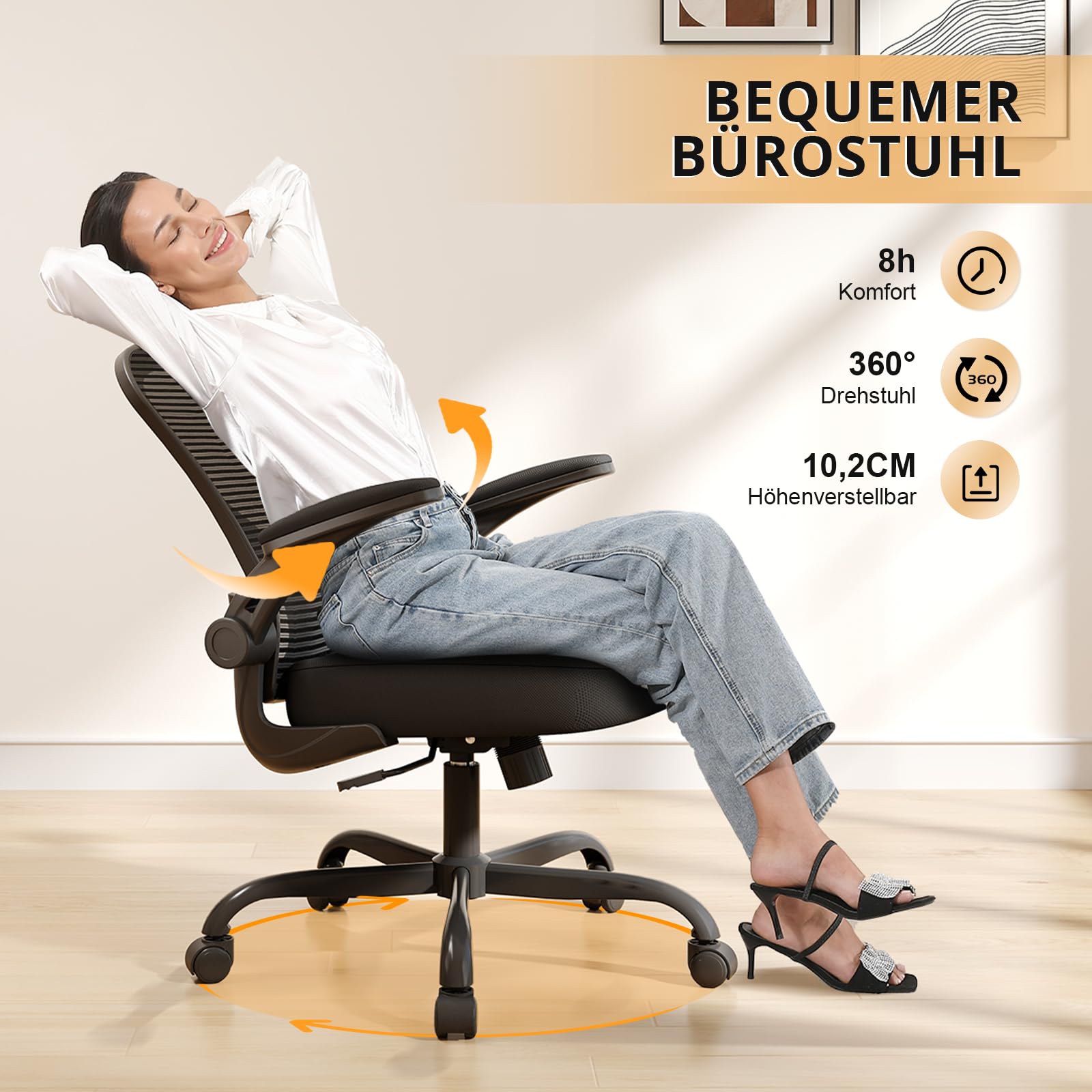 Synorla Bürostuhl Ergonomisch, Schreibtischstuhl mit Tragkraft 150 KG und 90° Hochklappbare Armlehnen, Ergonomischer Bürostuhl mit Höhenverstellbarer Sitzfläche und Verstellbarer Lordosenstütze