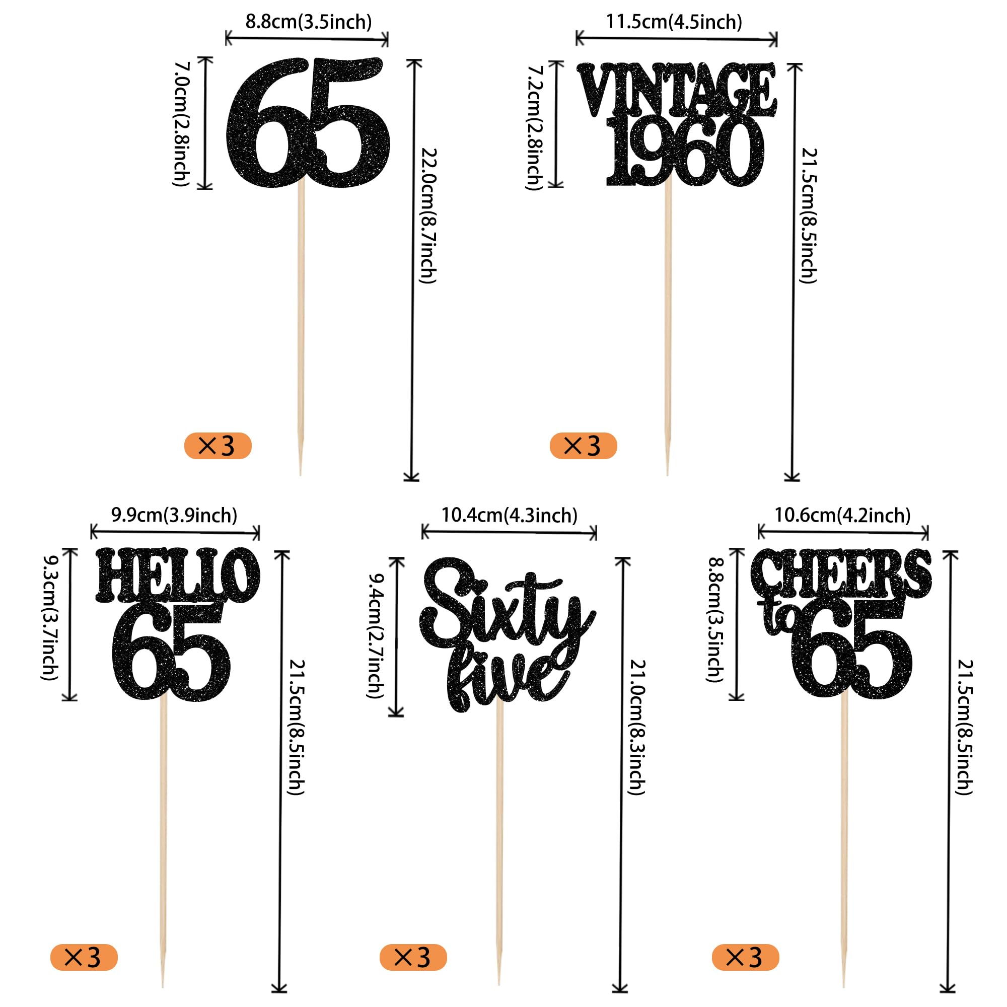 15PCS Happy 65th Birthday Centerpiece Sticks Hello 65 Vintage 1960 Table Flower Centerpieces Sticks Sixty Five Cheers to 65 Floral Decoration for 65th Birthday Party Centerpieces Supplies Black