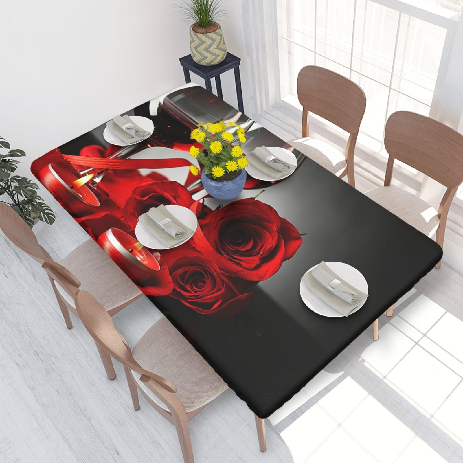 BNVSADC Red Rose and Wine Romantic Lovers Decor Printed 4FT Tablecloth 122x76 CM Polyester Kitchen Water Resistant Table Cloth Dining Table Decoration Table Covers